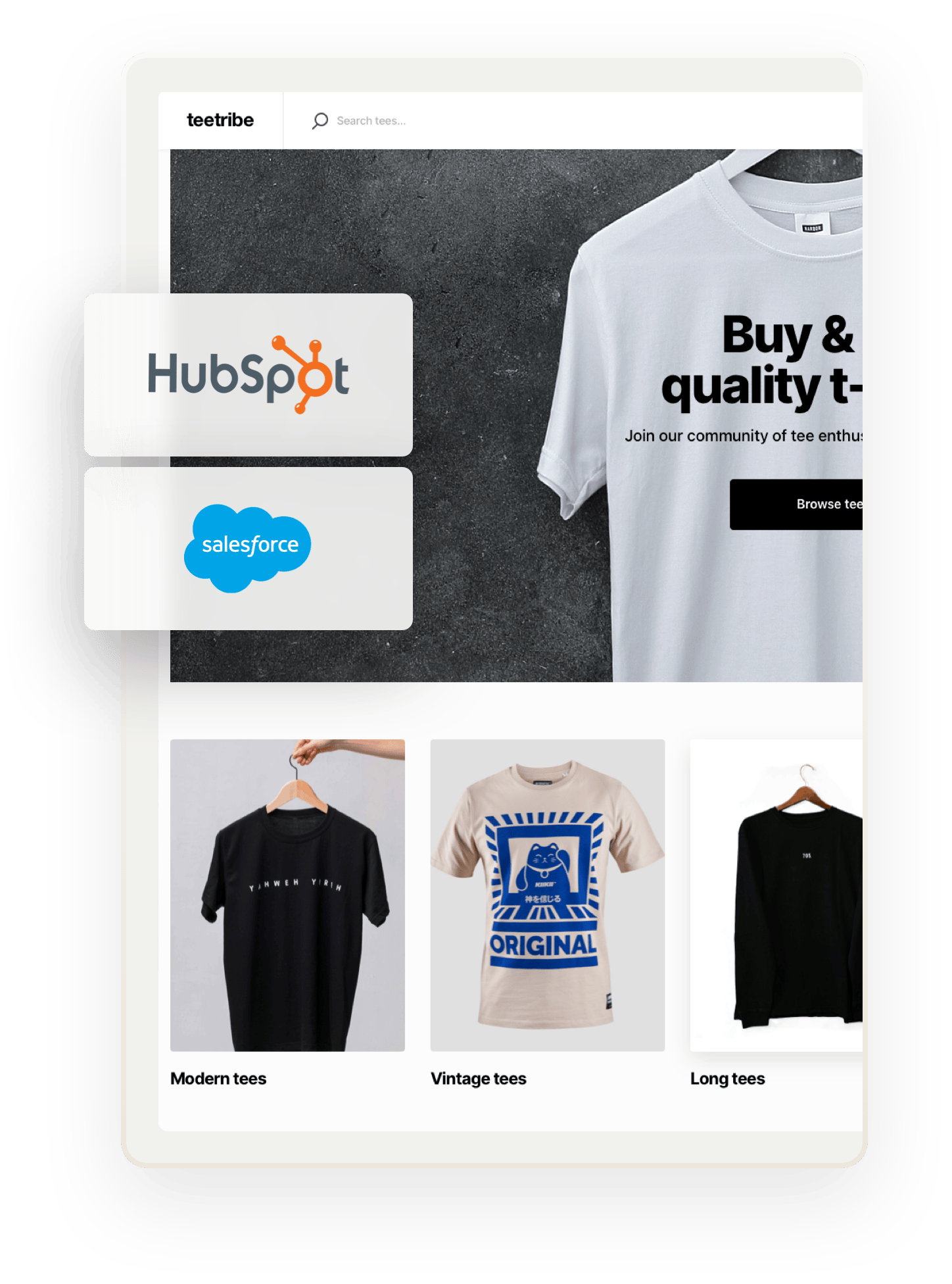 A snapshot of a landing page for Teetribe, a sample marketplace for selling t-shirts. Overlaid on top are two boxes showing Hubspot and Salesforce logos.