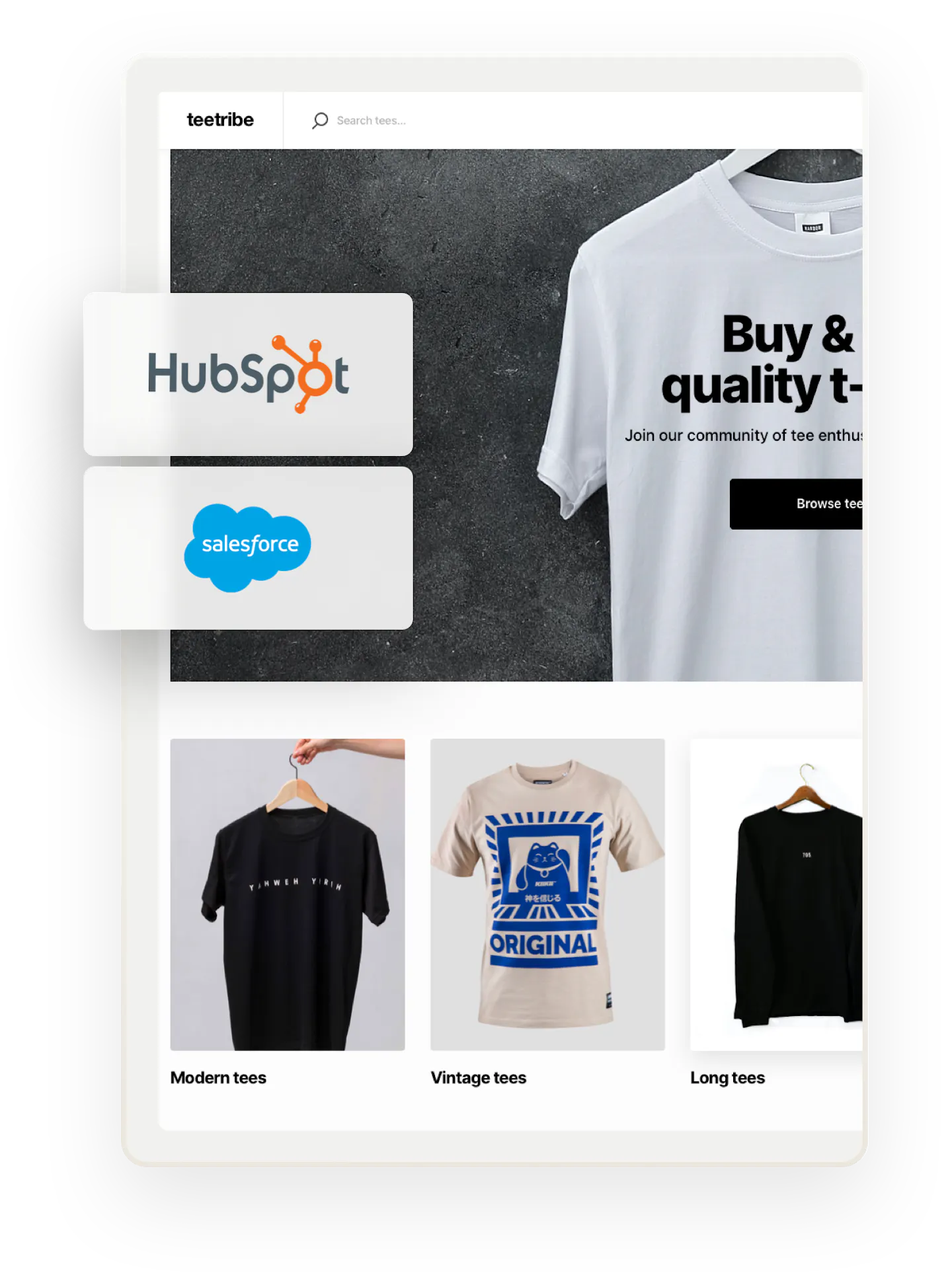 A snapshot of a landing page for Teetribe, a sample marketplace for selling t-shirts. Overlaid on top are two boxes showing Hubspot and Salesforce logos.