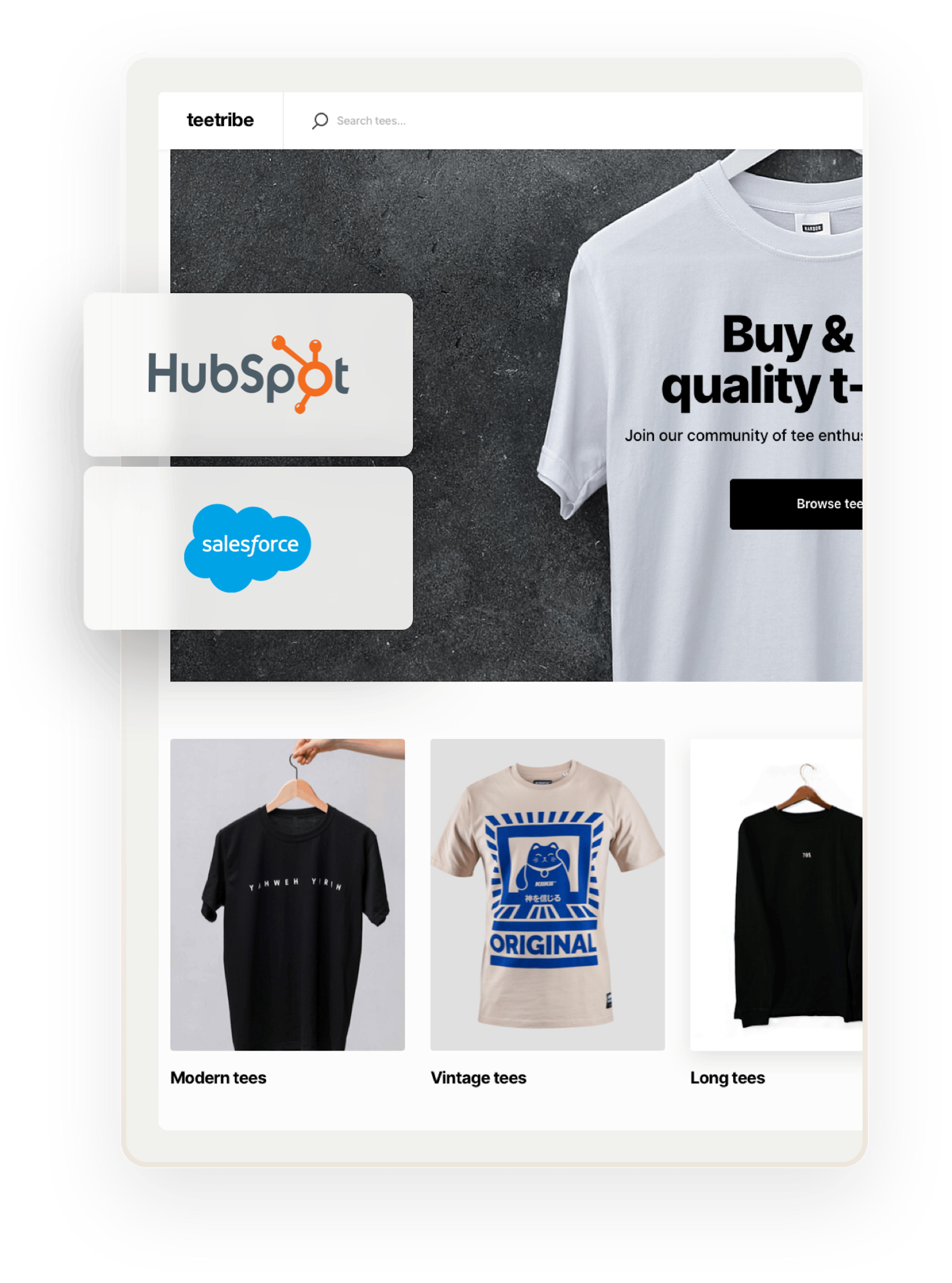 A snapshot of a landing page for Teetribe, a sample marketplace for selling t-shirts. Overlaid on top are two boxes showing Hubspot and Salesforce logos.