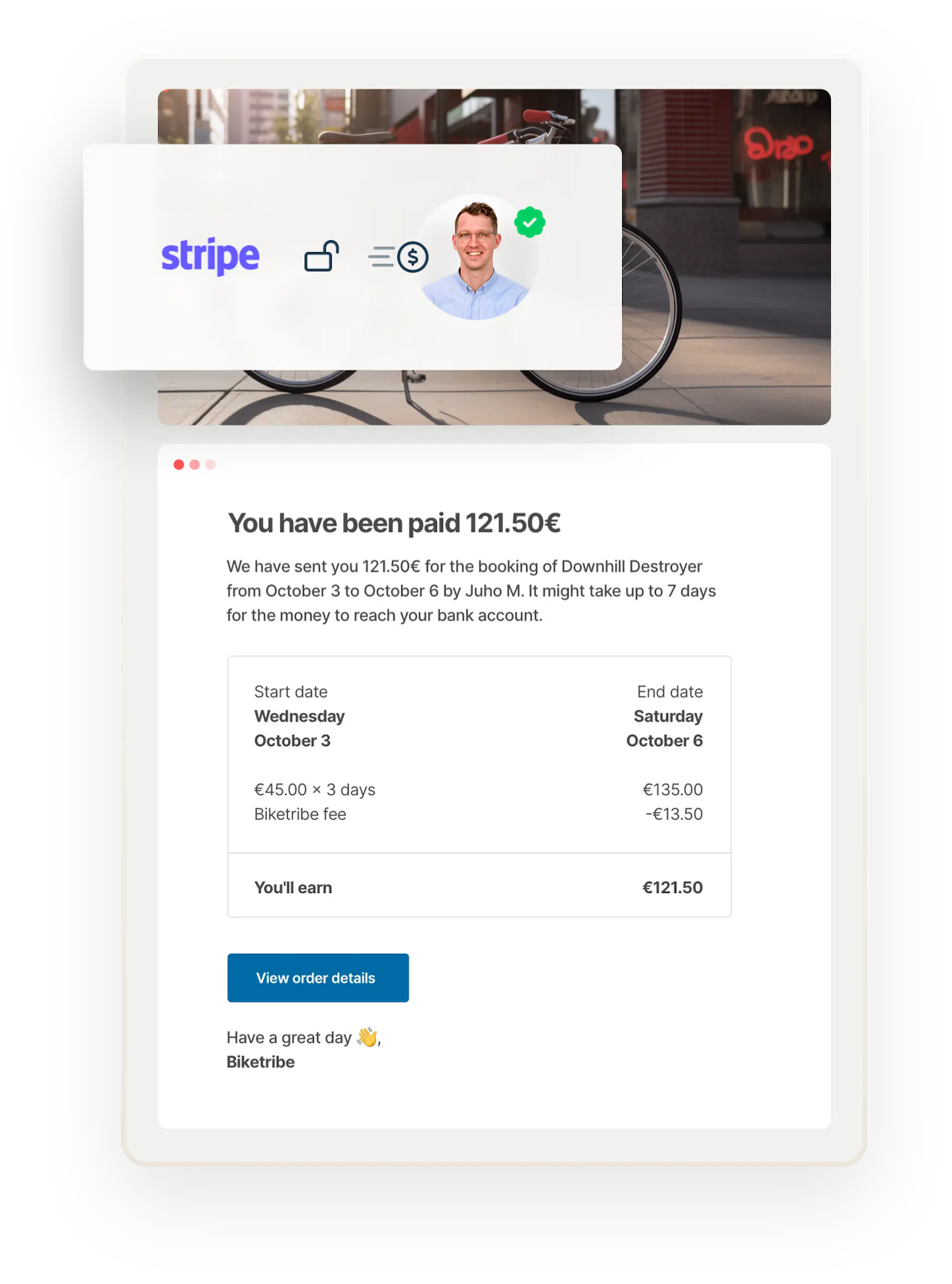 An email notification from the sample marketplace Biketribe tells a bike renter that they've received a payment for a booking. Overlaid is a box with a Stripe logo, an opened lock symbol, and a money transfer symbol, denoting that the funds have been released after payment.