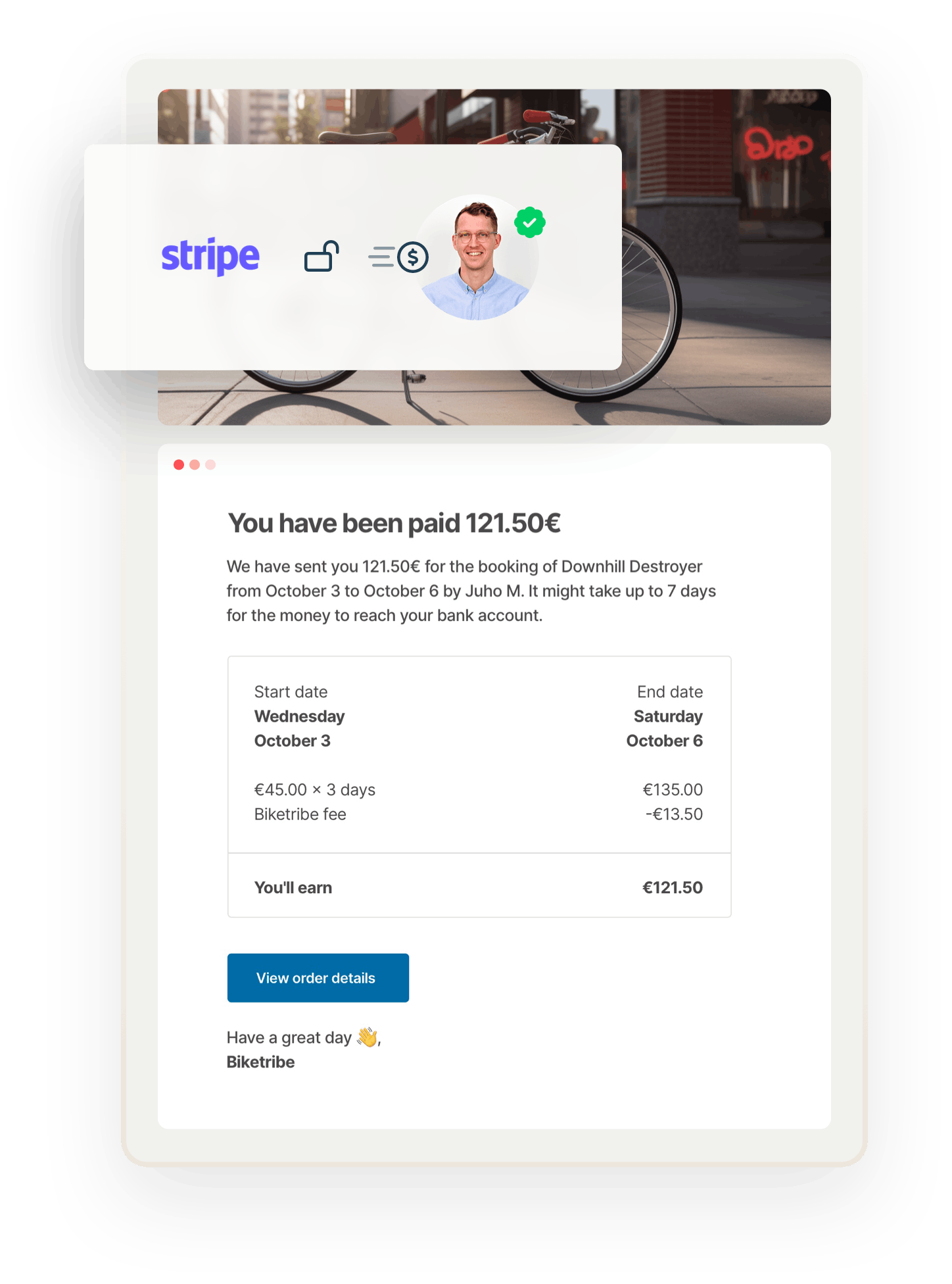 An email notification from the sample marketplace Biketribe tells a bike renter that they've received a payment for a booking. Overlaid is a box with a Stripe logo, an opened lock symbol, and a money transfer symbol, denoting that the funds have been released after payment.