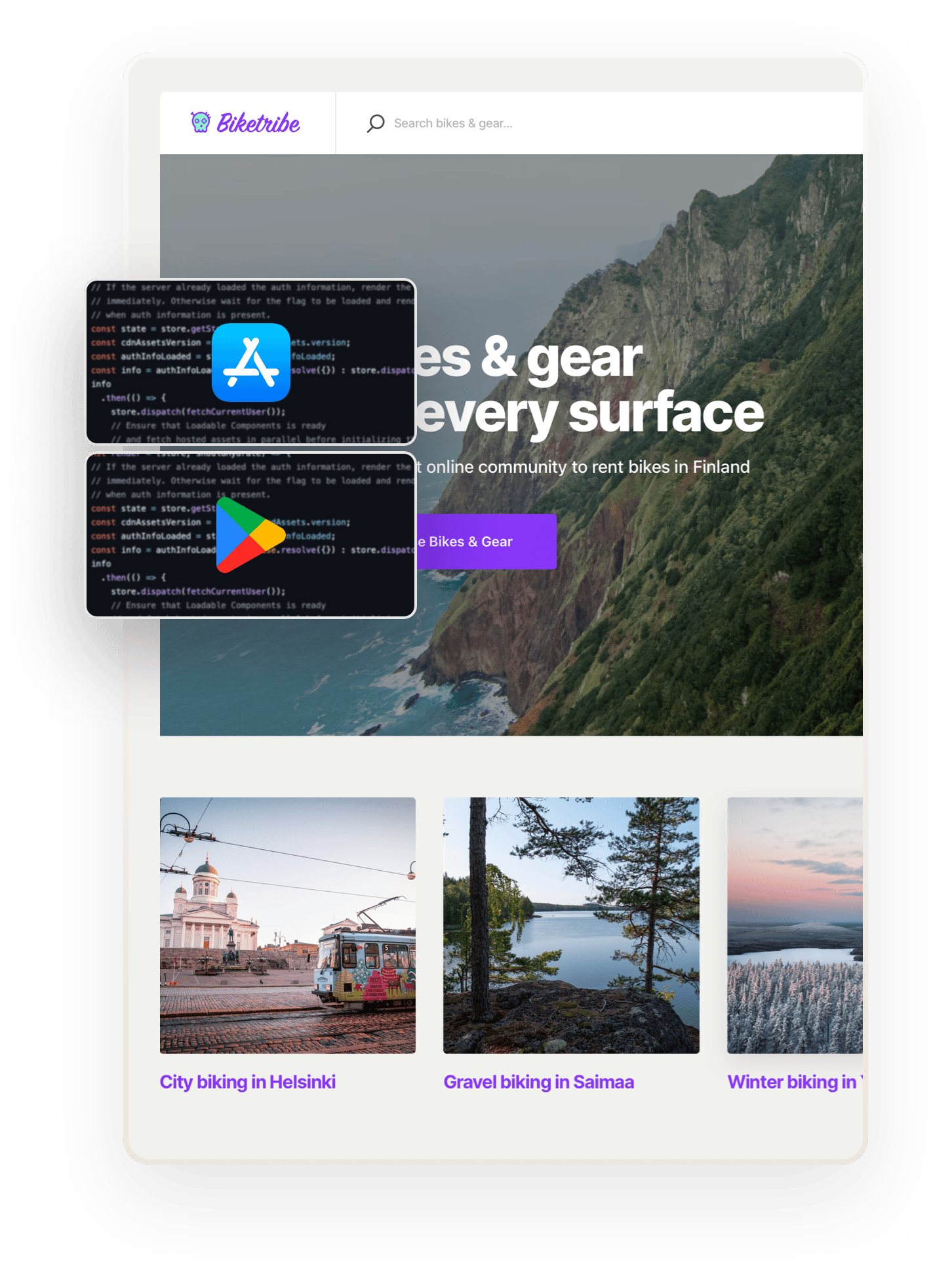 A snapshot of the Biketribe marketplace home page. The page says "Bikes and gear for every surface!" Overlaid on top are two boxes showing code and the logos for Apple and Google's app stores, respectively.
