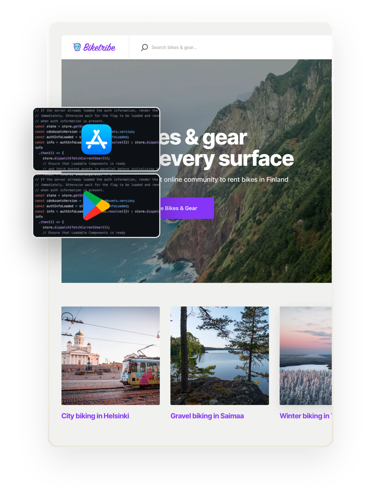 A snapshot of the Biketribe marketplace home page. The page says "Bikes and gear for every surface!" Overlaid on top are two boxes showing code and the logos for Apple and Google's app stores, respectively.