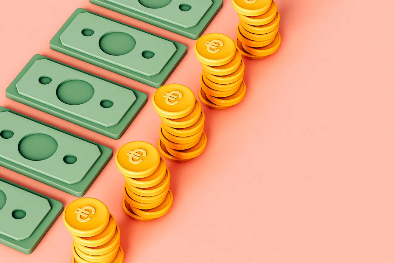 Diagonal row of green 3D banknotes and 3D coin stacks on pink background.