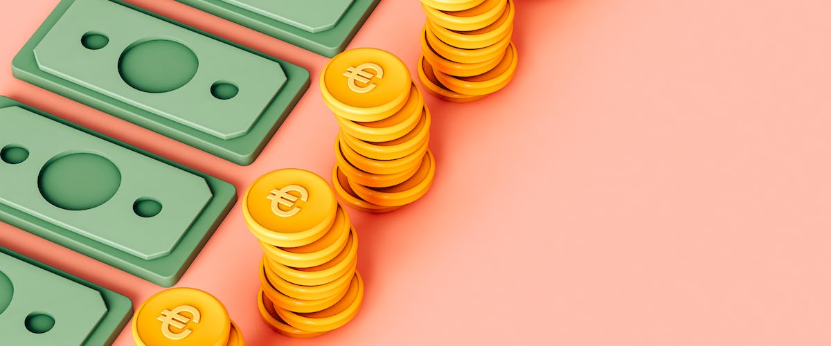 Diagonal row of green 3D banknotes and 3D coin stacks on pink background.