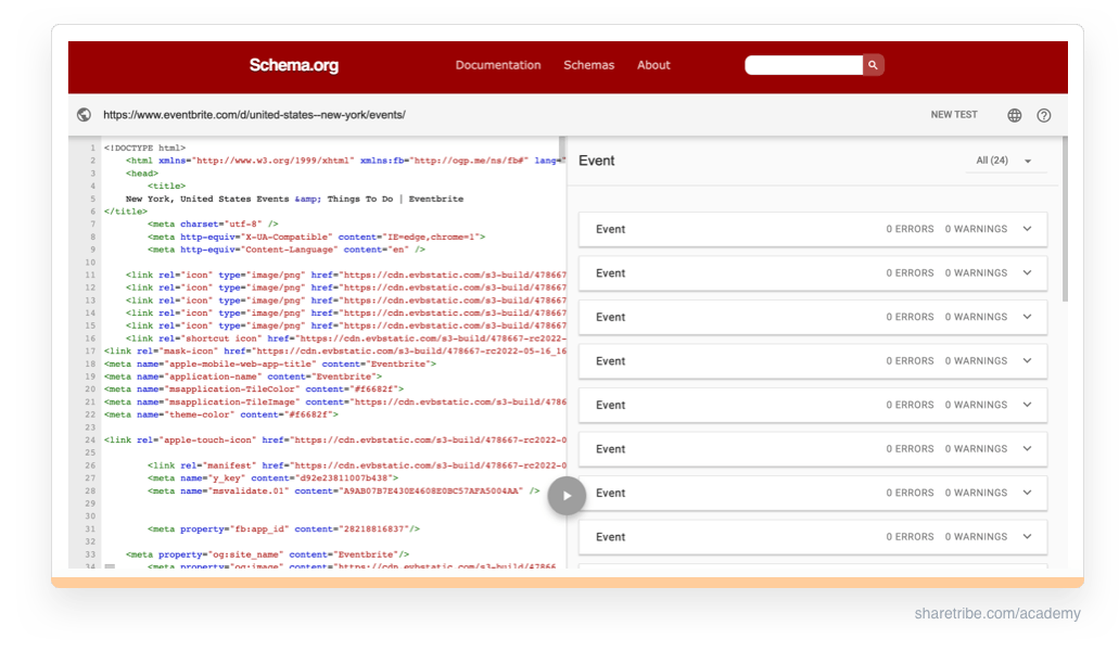 Screenshot from Schema.org showing the schema used by a landing page on Eventbrite.