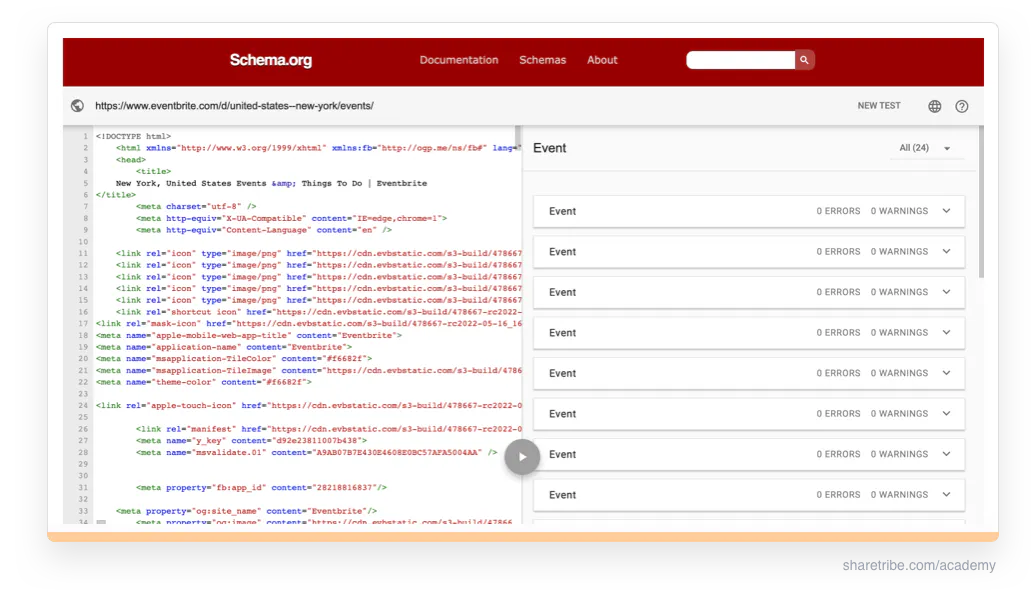 Screenshot from Schema.org showing the schema used by a landing page on Eventbrite.