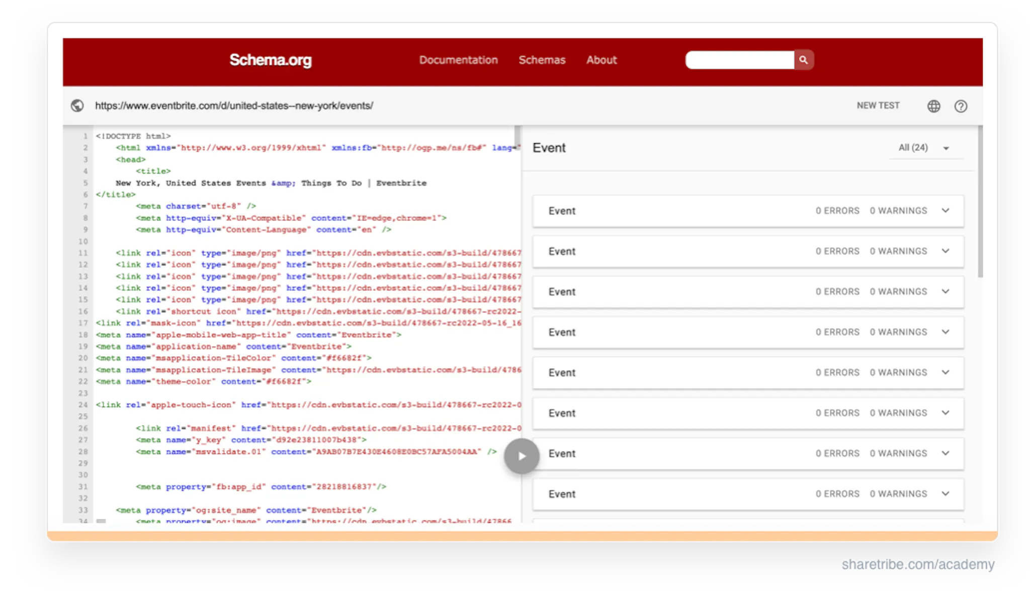 Screenshot from Schema.org showing the schema used by a landing page on Eventbrite.