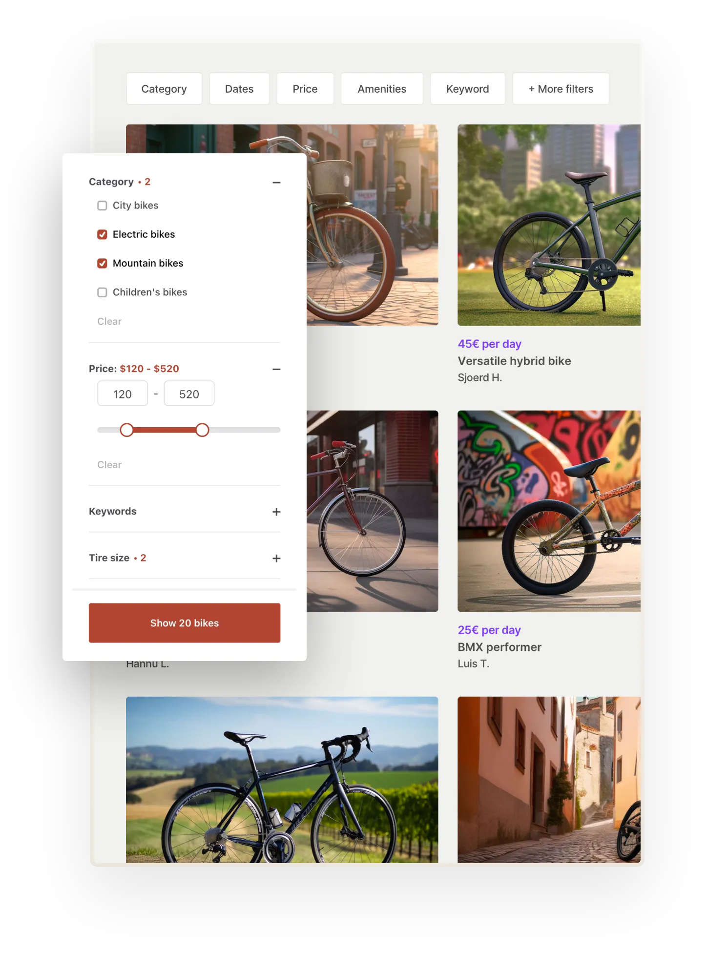Listings of different rental bikes overlaid with a search filter element where you can filter by category, price, keywords, and tire size.