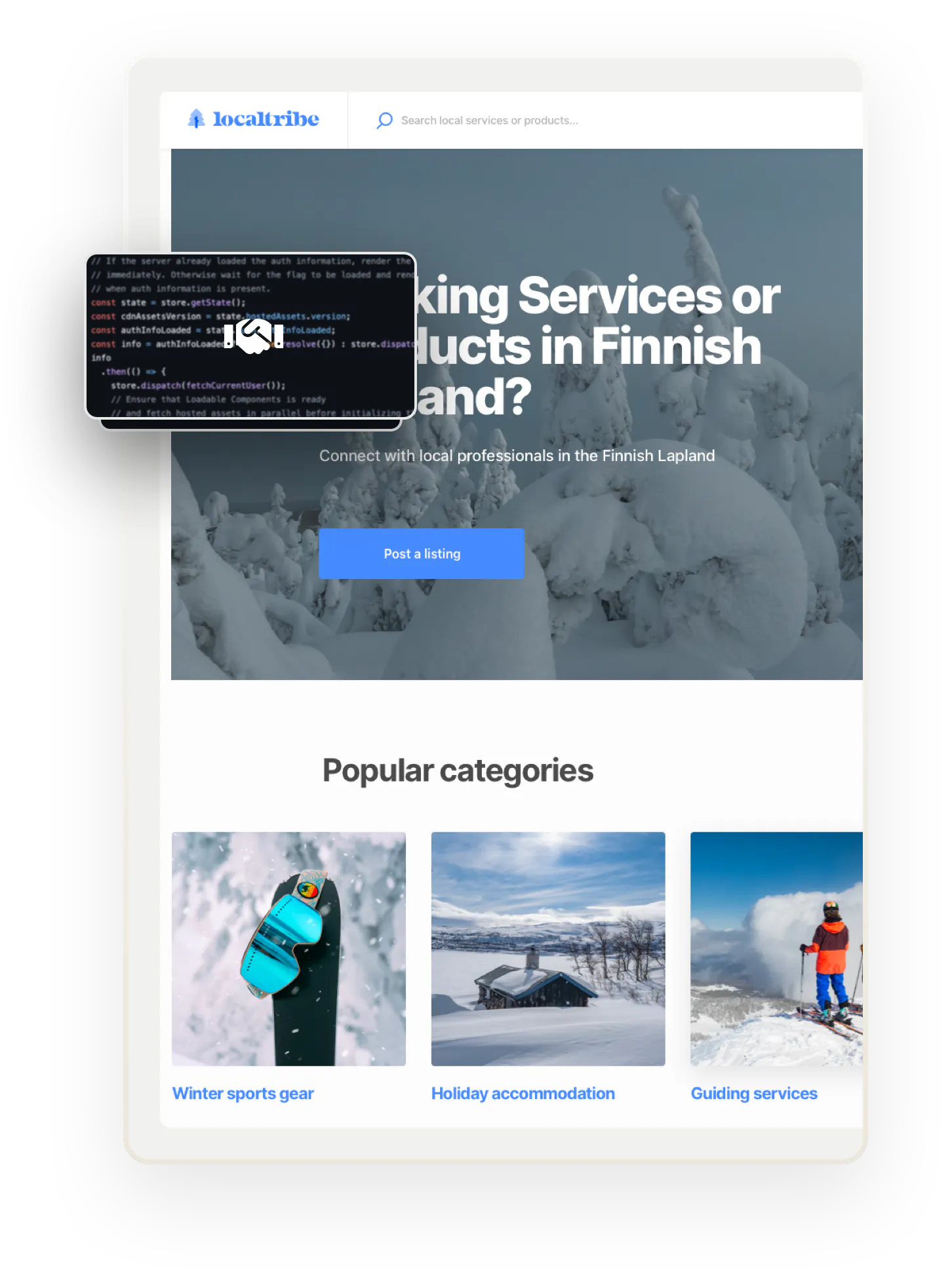 A snapshot of a landing page for Localtribe, a sample marketplace in Finnish Lapland. Overlaid on top are several boxes showing code. A box on top shows code and a handshake symbol.
