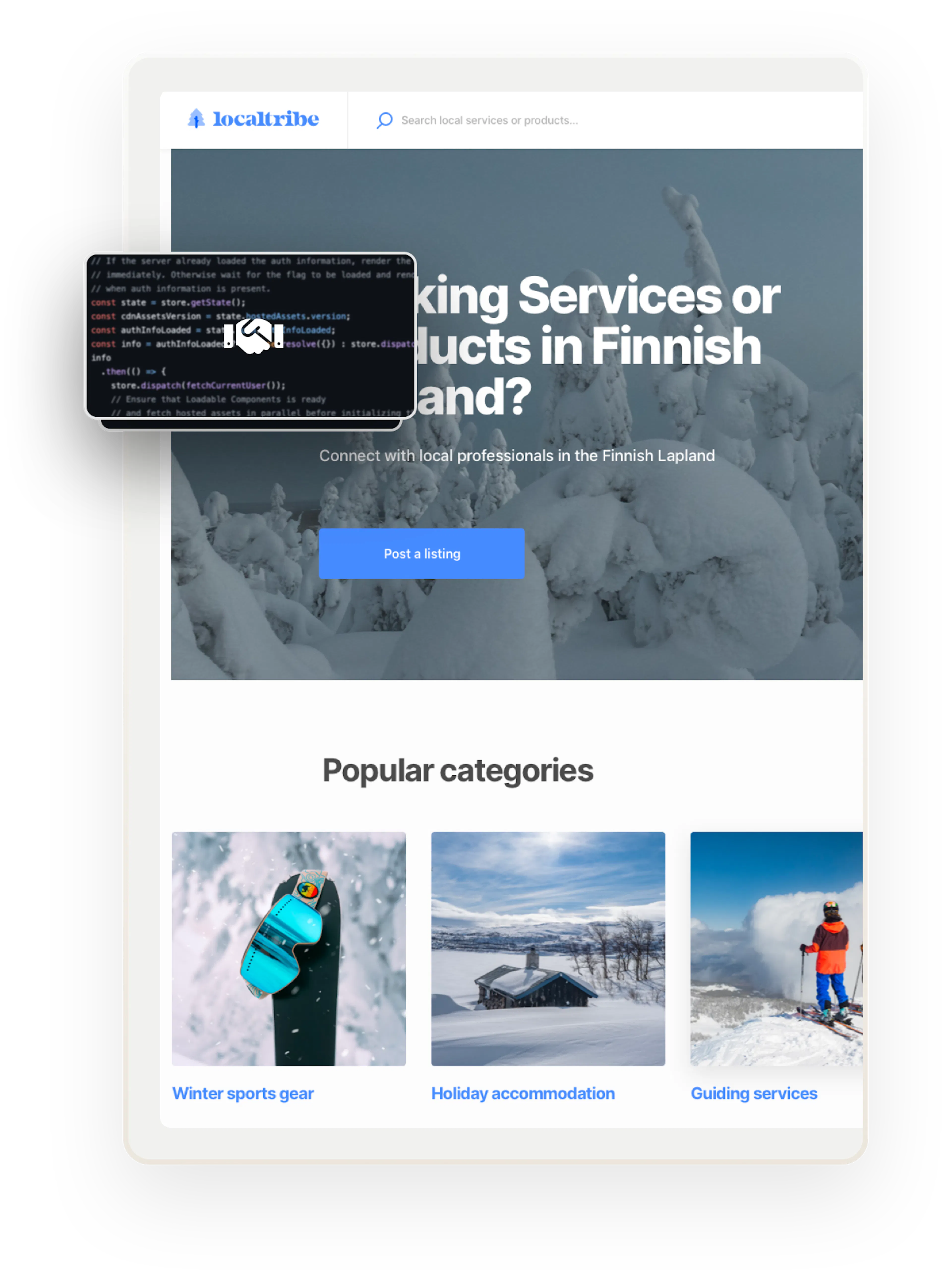 A snapshot of a landing page for Localtribe, a sample marketplace in Finnish Lapland. Overlaid on top are several boxes showing code. A box on top shows code and a handshake symbol.