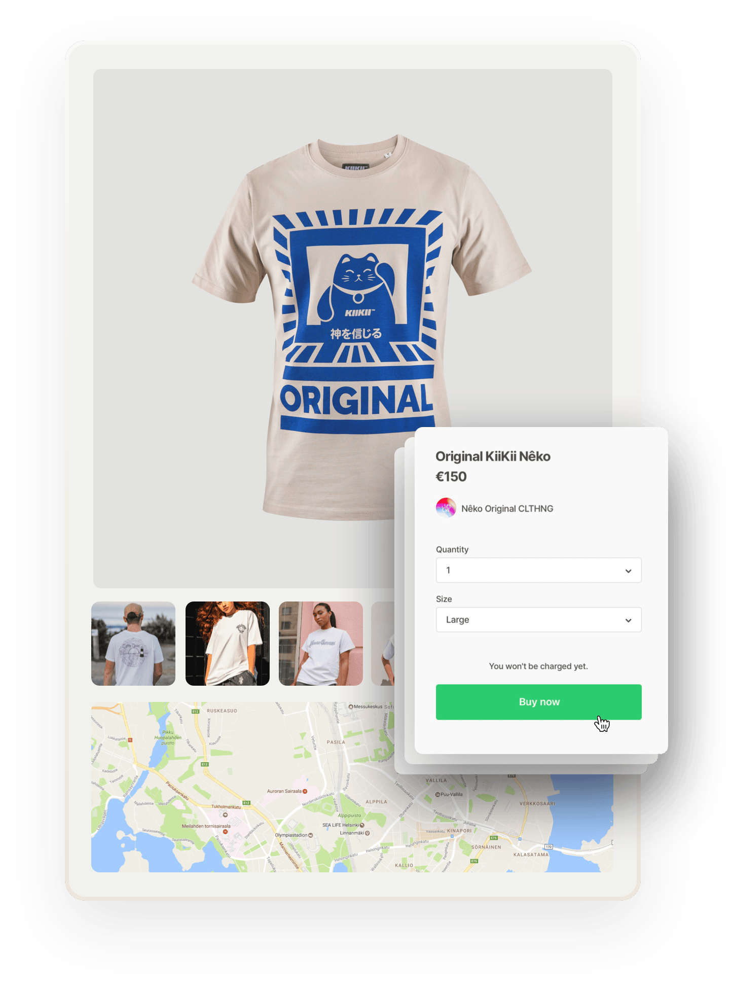A t-shirt with a print of a stylized kitten and the text ORIGINAL. Below, images of people wearing t-shirts and a map. Overlaid on top is a purchase form for the t-shirt with the option to define quantity.
