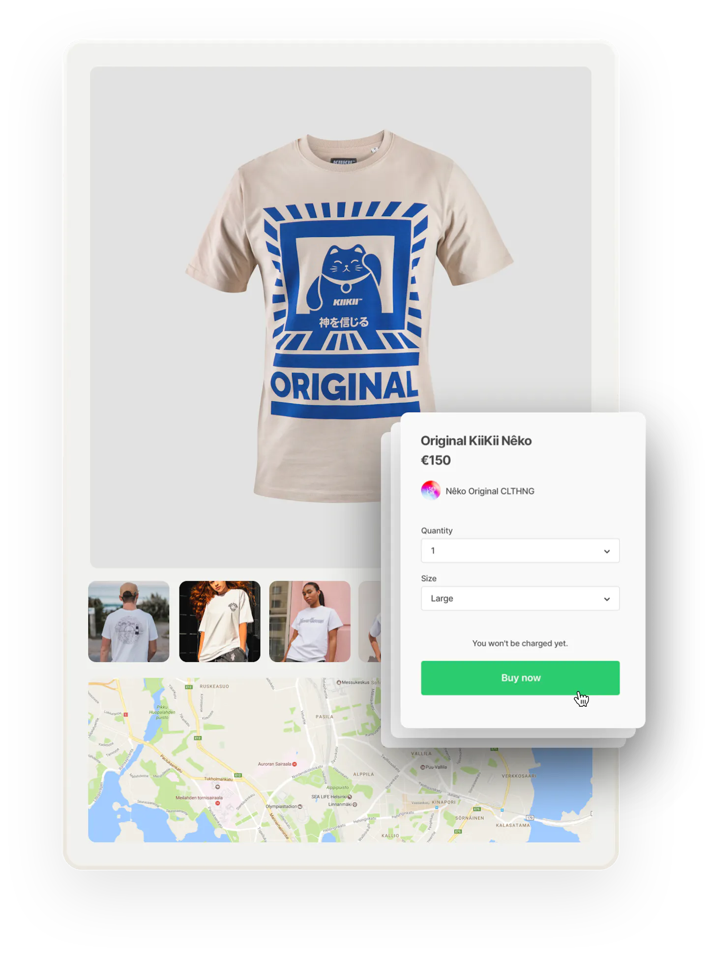 A t-shirt with a print of a stylized kitten and the text ORIGINAL. Below, images of people wearing t-shirts and a map. Overlaid on top is a purchase form for the t-shirt with the option to define quantity. 