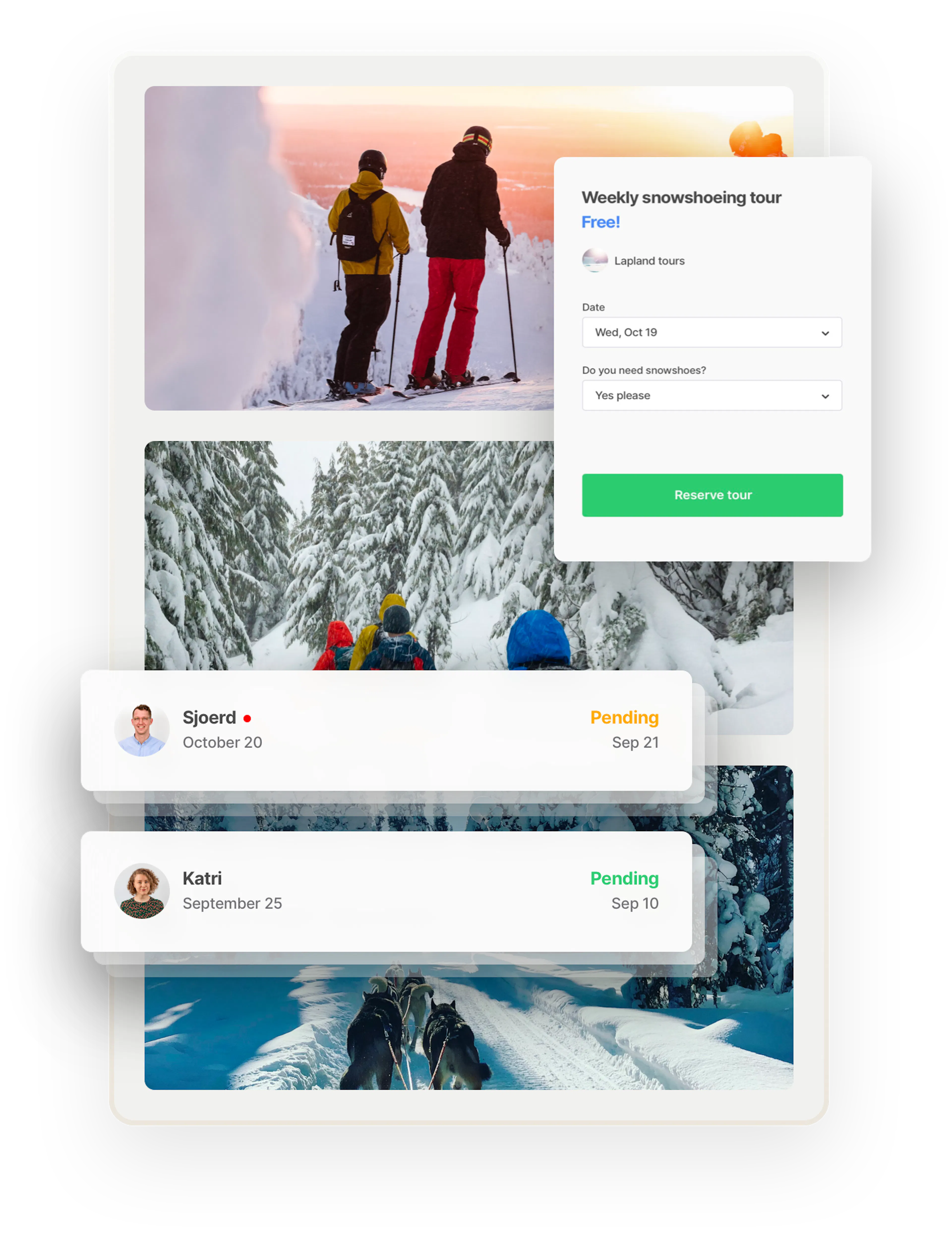 In the background, there are three images of groups in the winter wonderland of Finnis Lapland skiing, hiking, and dog-sledding. Two inbox banners overlaid in boxes on top show messages from prospective customers. 