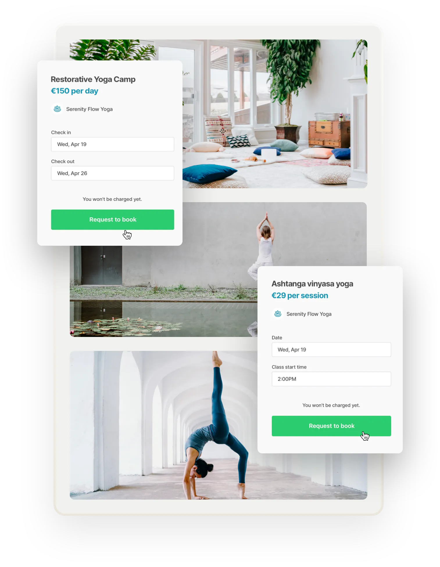 Three images of yoga-related things. First, a comfortable yoga studio with plants and pillows. Below, two people doing yoga. Snapshots of two booking forms are overlaid on top, one for a restorative yoga camp, another for an Ashtanga vinyasa class.