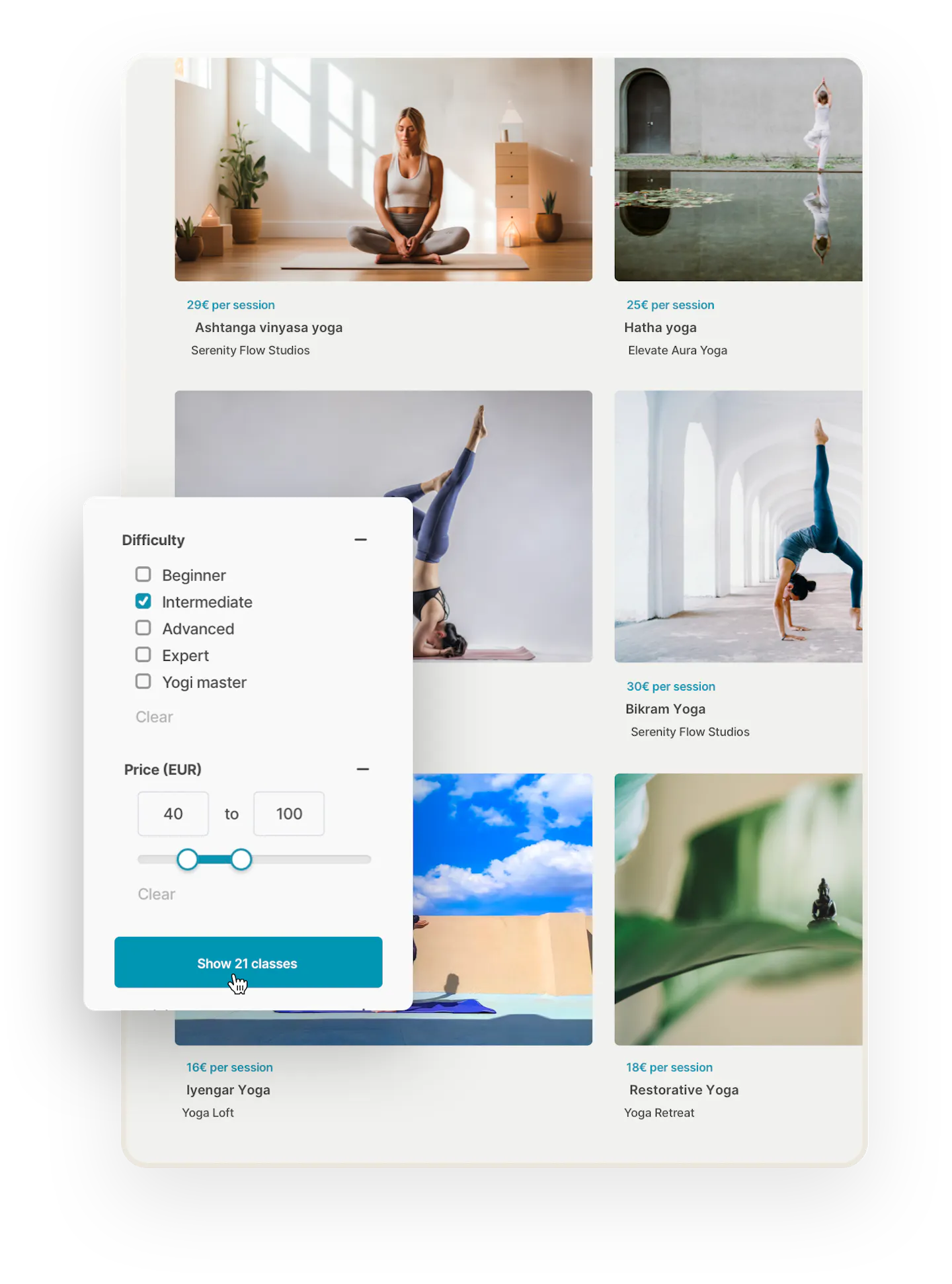 A grid of yoga class thumbnails with an image, title, and price on a search page. Overlaid on top is a box with a custom filter for class difficulty from beginner to master.