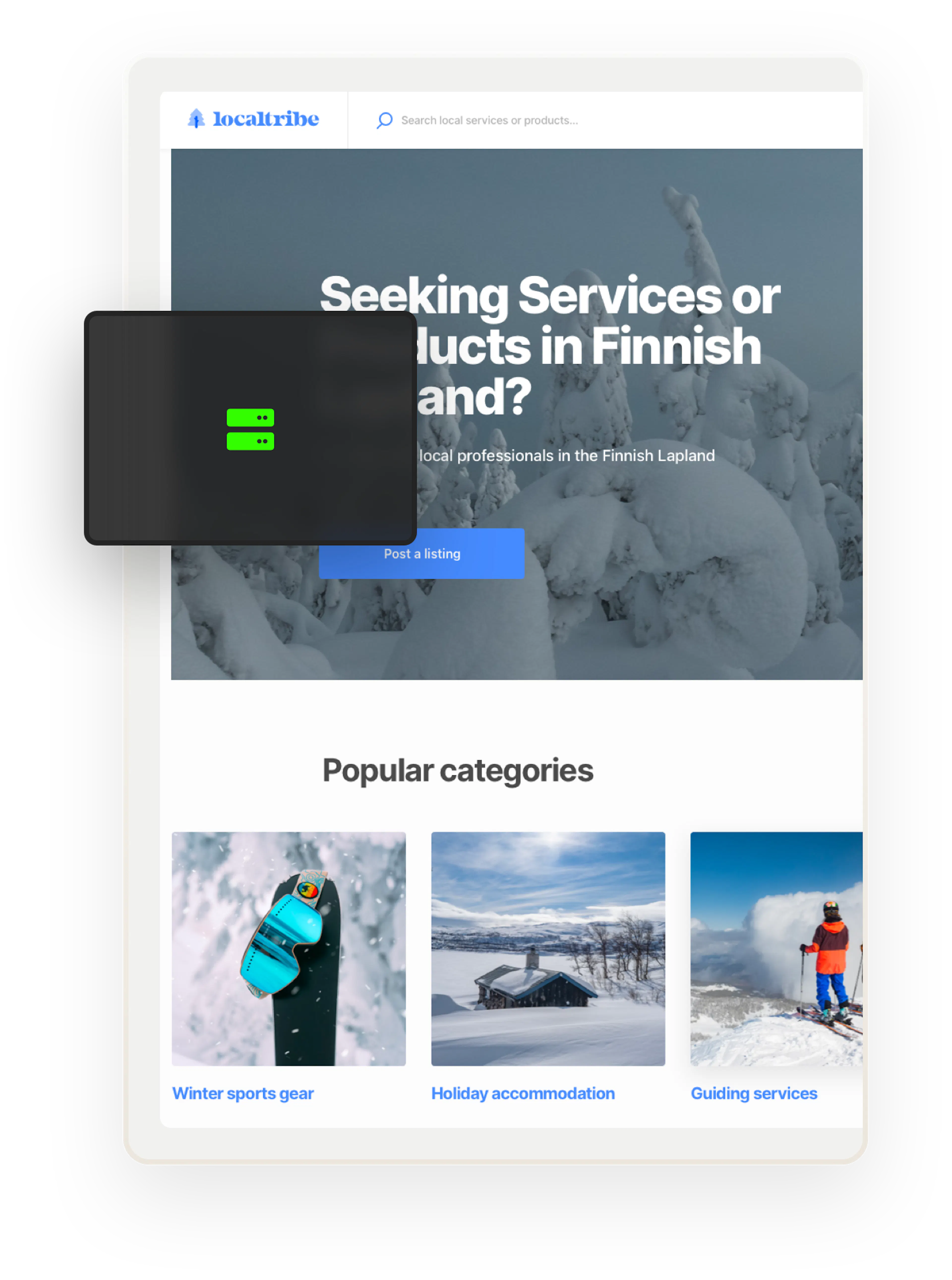 A snapshot of a landing page for Localtribe, a sample marketplace for services, products, and rentals in Finnish Lapland. Overlaid on top is an icon of two servers on top of each other.