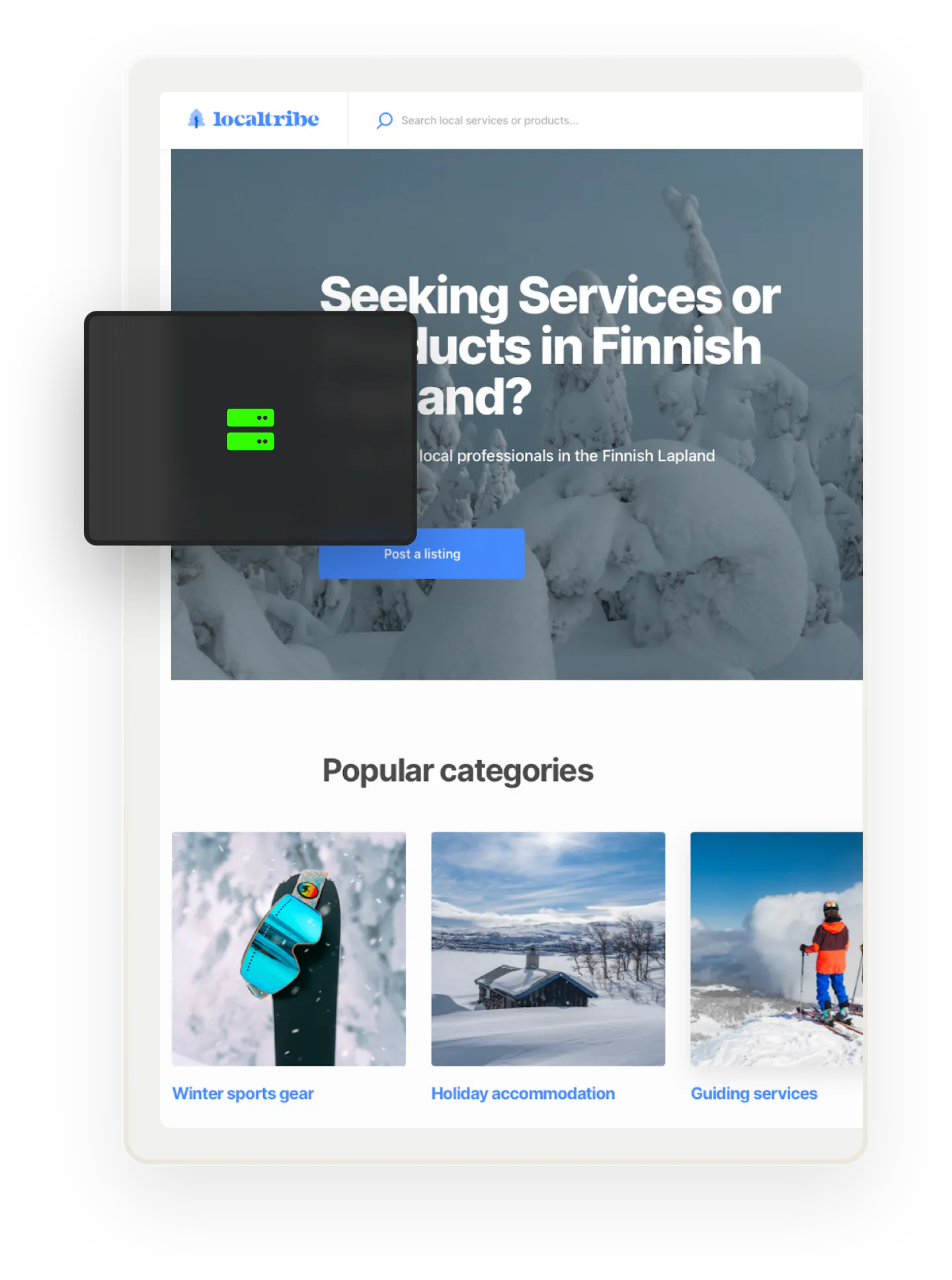 A snapshot of a landing page for Localtribe, a sample marketplace for services, products, and rentals in Finnish Lapland. Overlaid on top is an icon of two servers on top of each other.