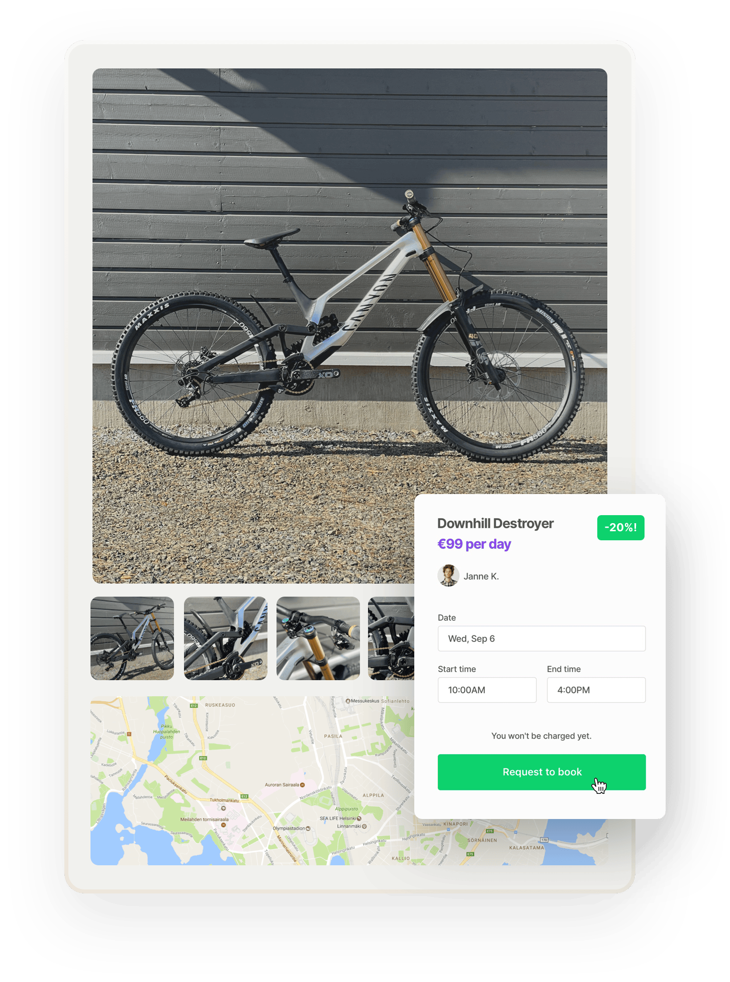 A marketplace listing with images and a map. Overlaid on top is a booking form. The bike has a discount: 20% off the price.