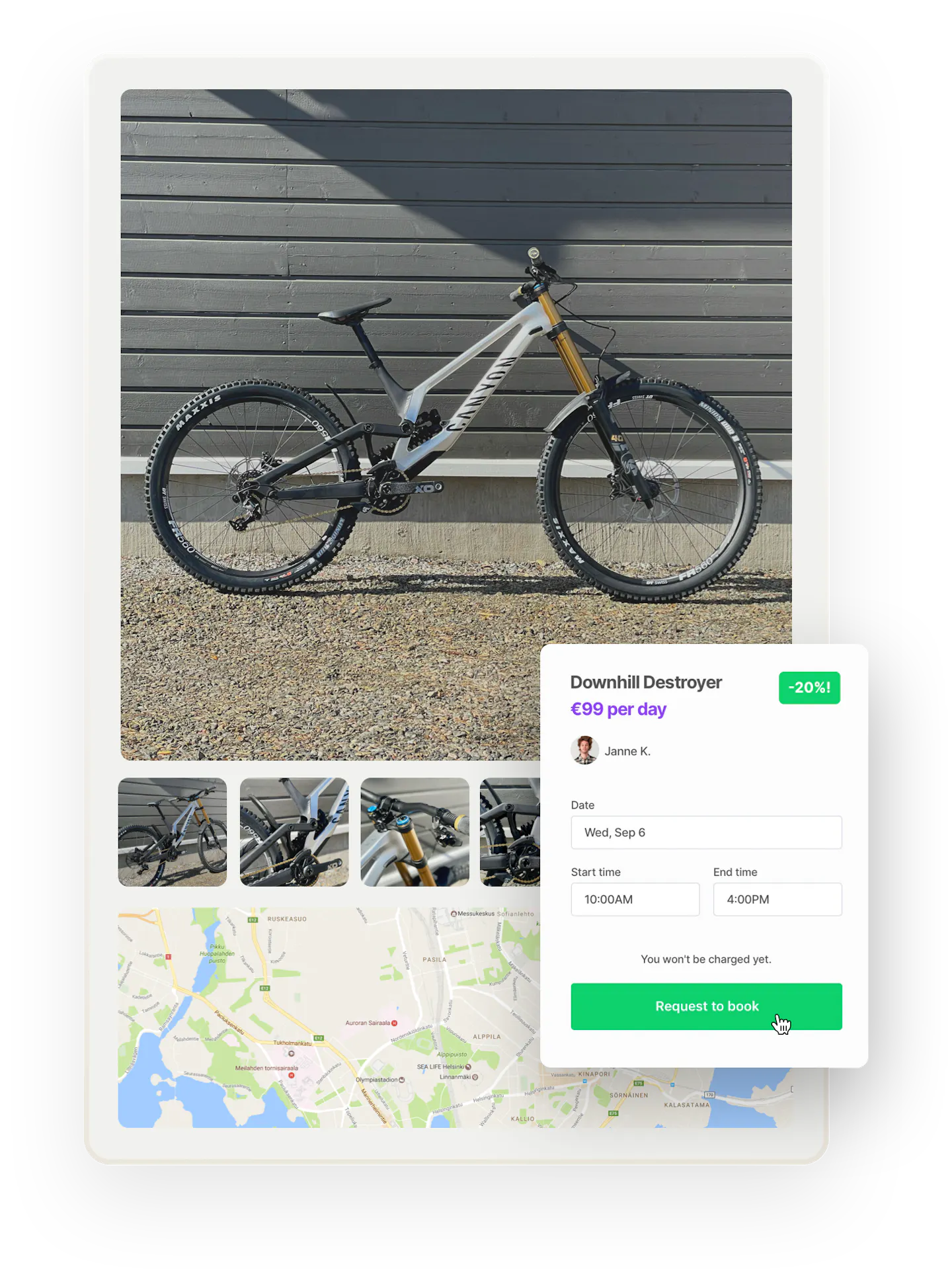 A marketplace listing with images and a map. Overlaid on top is a booking form. The bike has a discount: 20% off the price.