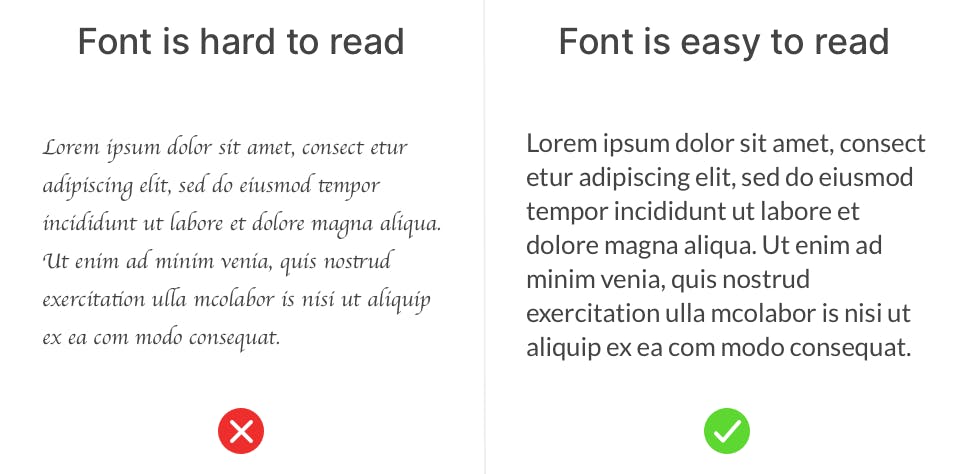 Design example for font legibility. Two blocks of text, one on the left showing a difficult font, one on the right an easier-to-read font.