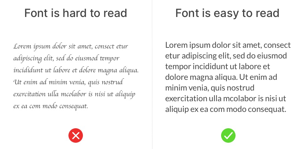 Two blocks of text, one on the left showing a difficult font, one on the right an easier-to-read font.