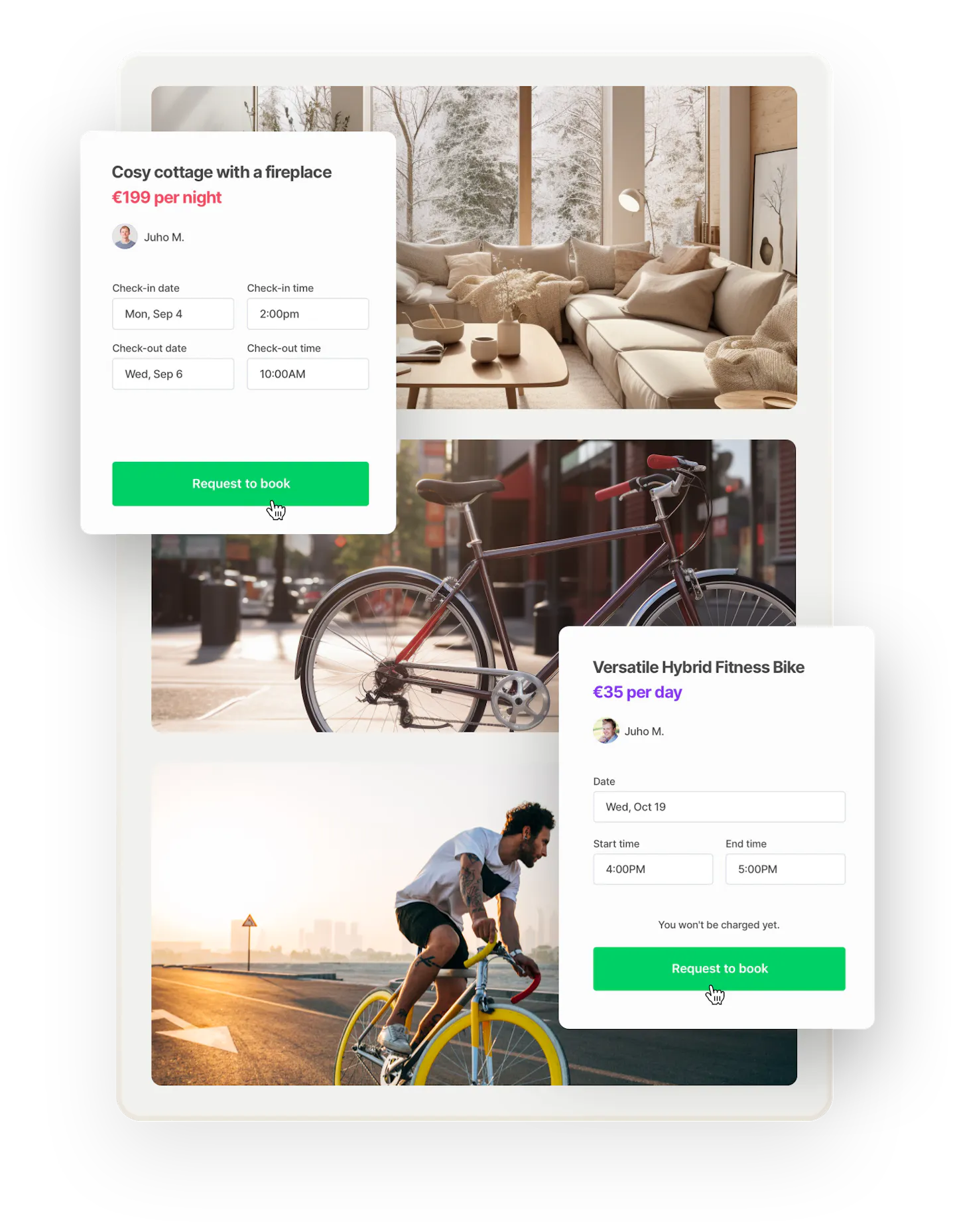 Images of a modern cottage, a city bike, and a sports bike are overlaid with two booking forms. The first is for a cozy cottage with a fireplace at 199 dollars per night. The second is for a versatile hybrid fitness bike at 35 euros per day.