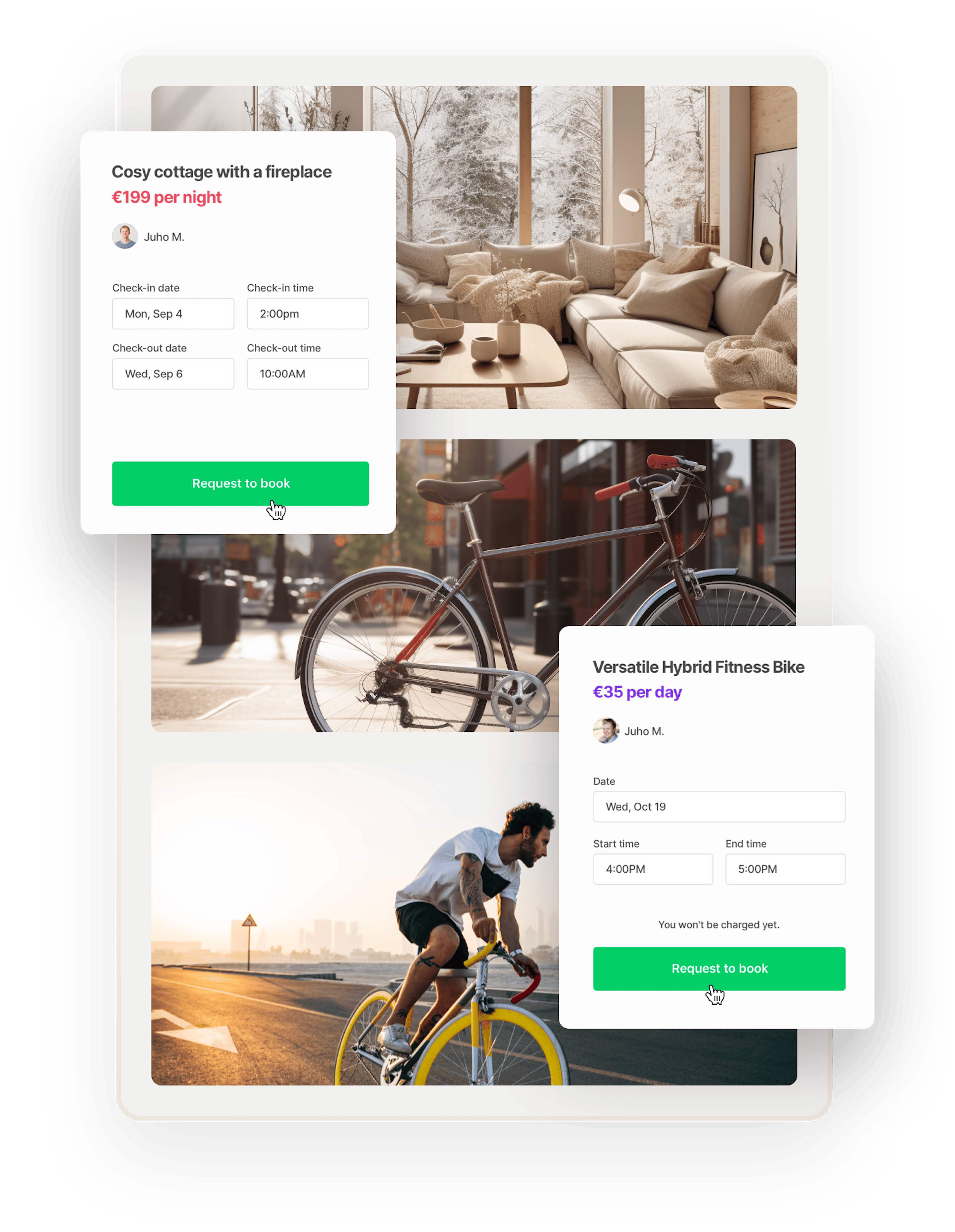 Booking types example. Images of a modern cottage, a city bike, and a sports bike are overlaid with two booking forms. The first is for a cozy cottage with a fireplace at 199 dollars per night. The second is for a versatile hybrid fitness bike at 35 euros per day. 