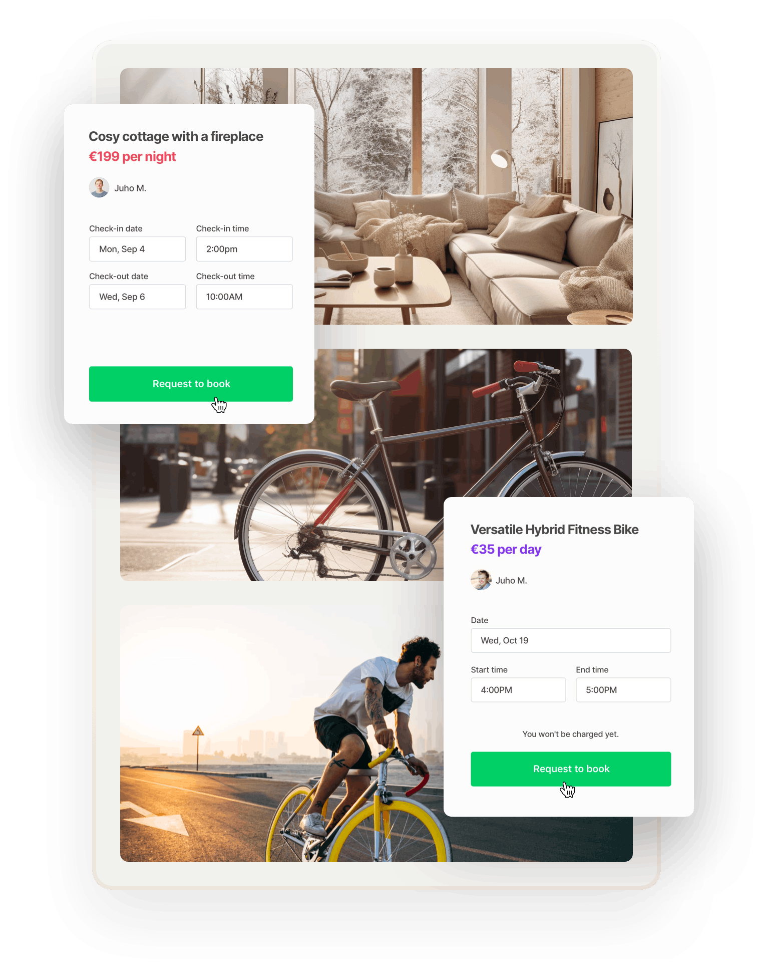 Images of a modern cottage, a city bike, and a sports bike are overlaid with two booking forms. The first is for a cozy cottage with a fireplace at 199 dollars per night. The second is for a versatile hybrid fitness bike at 35 euros per day.