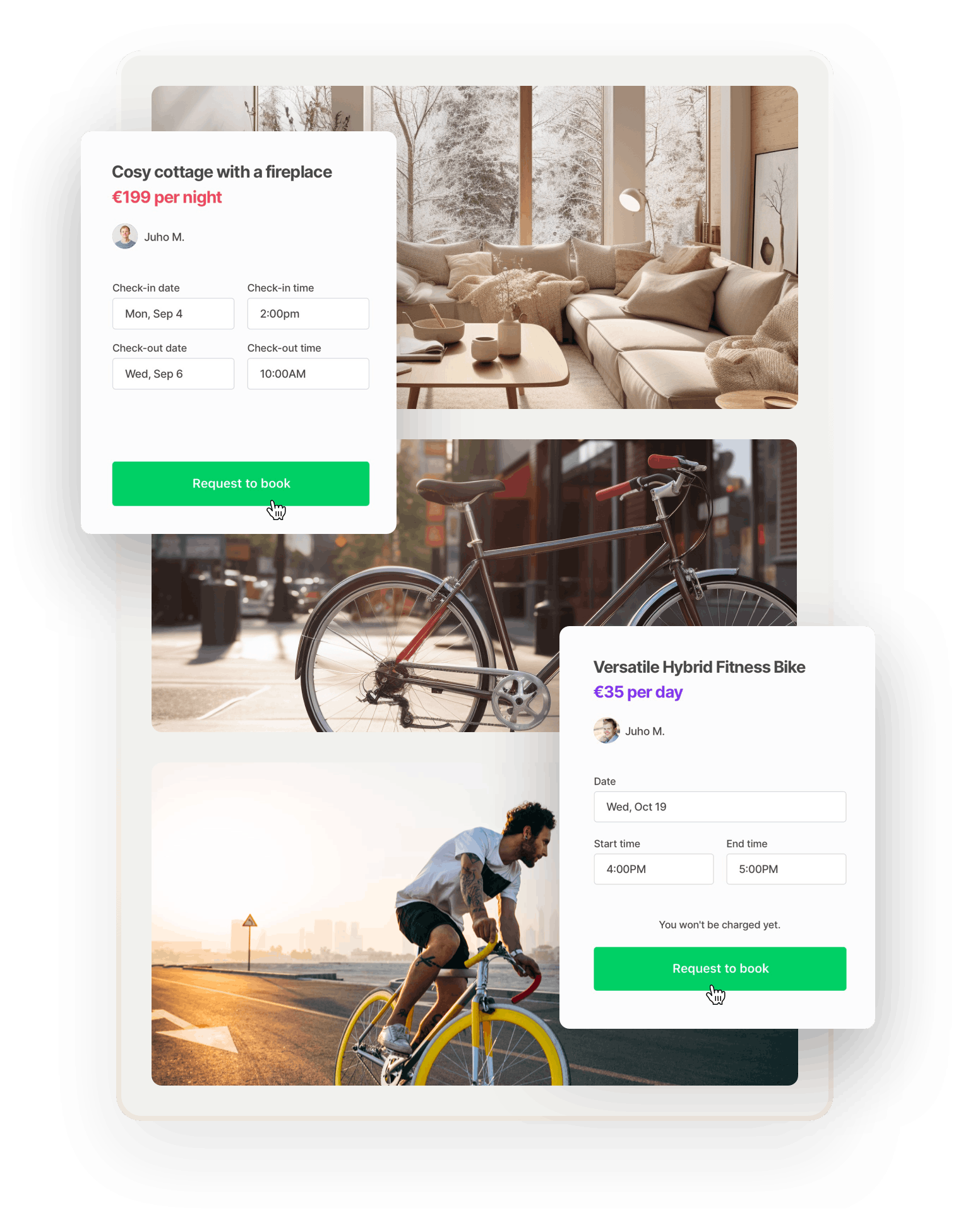 Images of a modern cottage, a city bike, and a sports bike are overlaid with two booking forms. The first is for a cozy cottage with a fireplace at 199 dollars per night. The second is for a versatile hybrid fitness bike at 35 euros per day. 