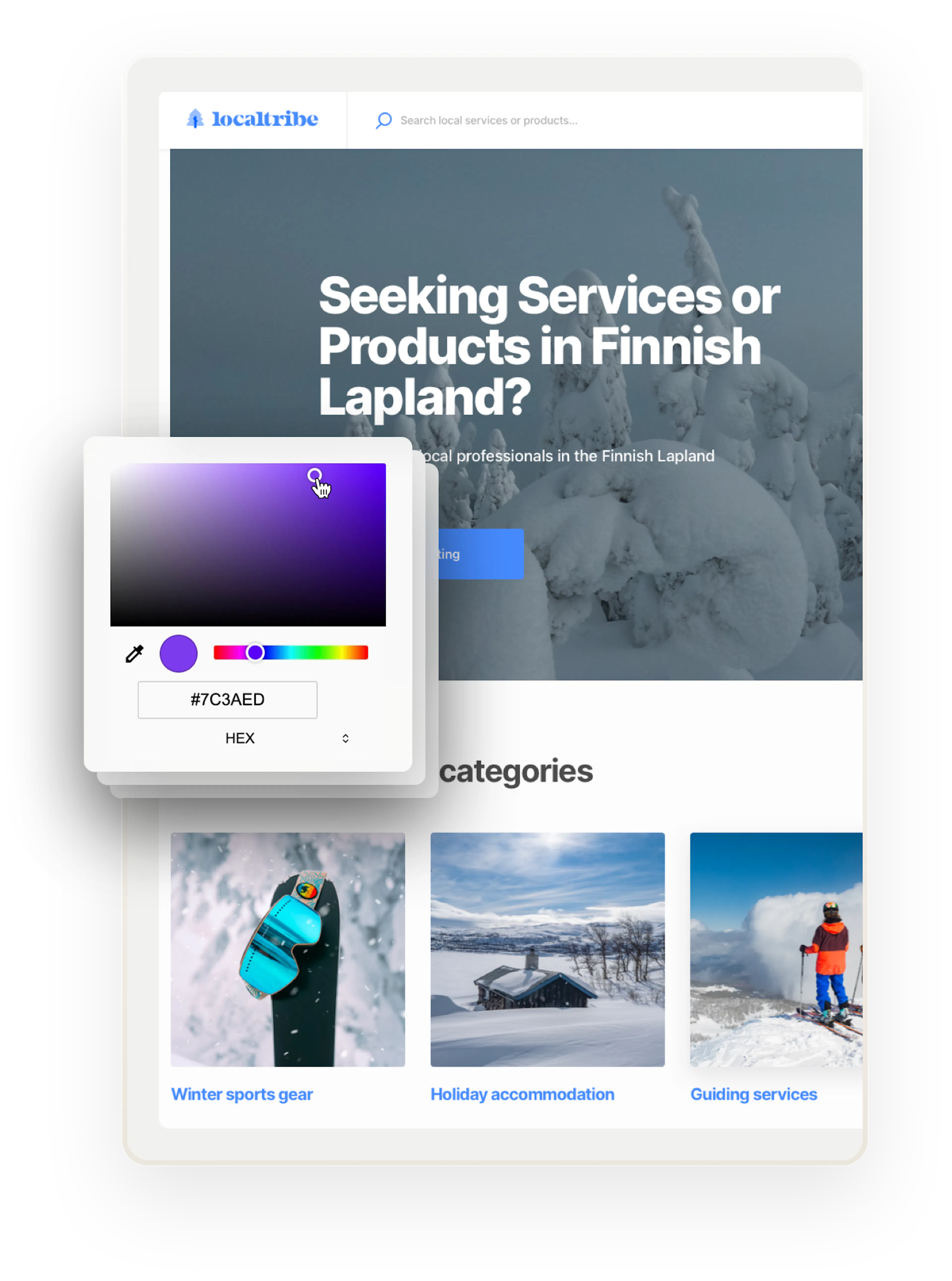 A snapshot of a landing page for Localtribe, a sample marketplace in Finnish Lapland. On top, there are multiple boxes. The one on top shows a color selector.
