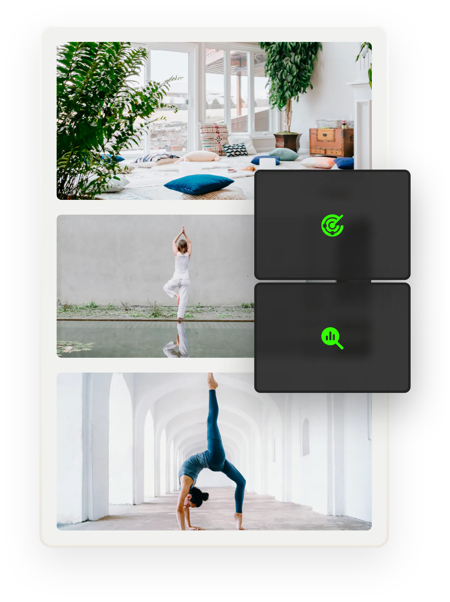 Three images of yoga-related things. First, a comfortable yoga studio with plants and pillows. Below are two people doing yoga. Overlaid on top are icons representing performance and traffic spikes.