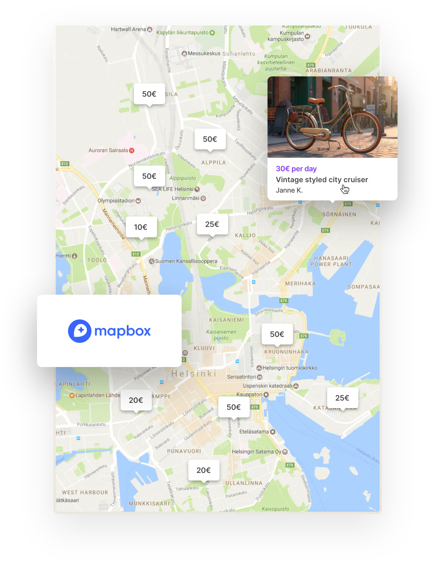 A map of Helsinki on a bike rental marketplace. Overlaid is the Mapbox logo.