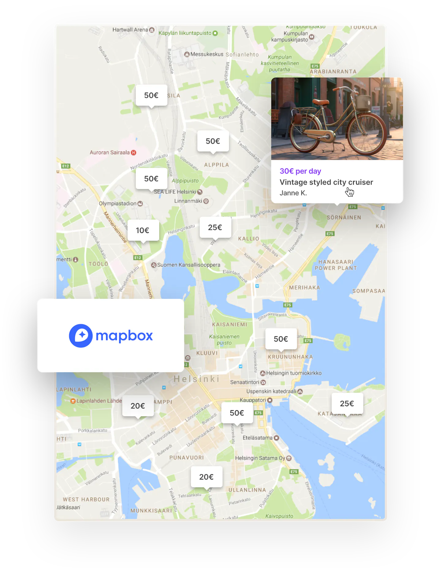 A map of Helsinki on a bike rental marketplace. Overlaid is the Mapbox logo.