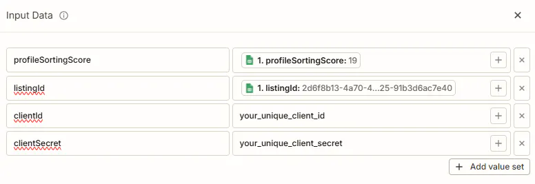 Screenshot of the data values you need to input into Zapier