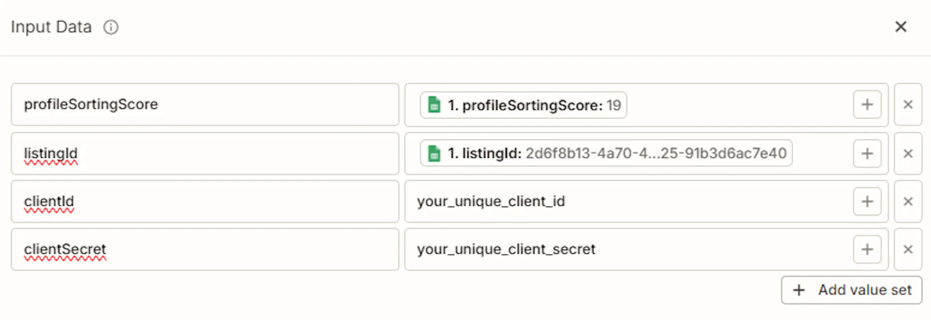 Screenshot of the data values you need to input into Zapier
