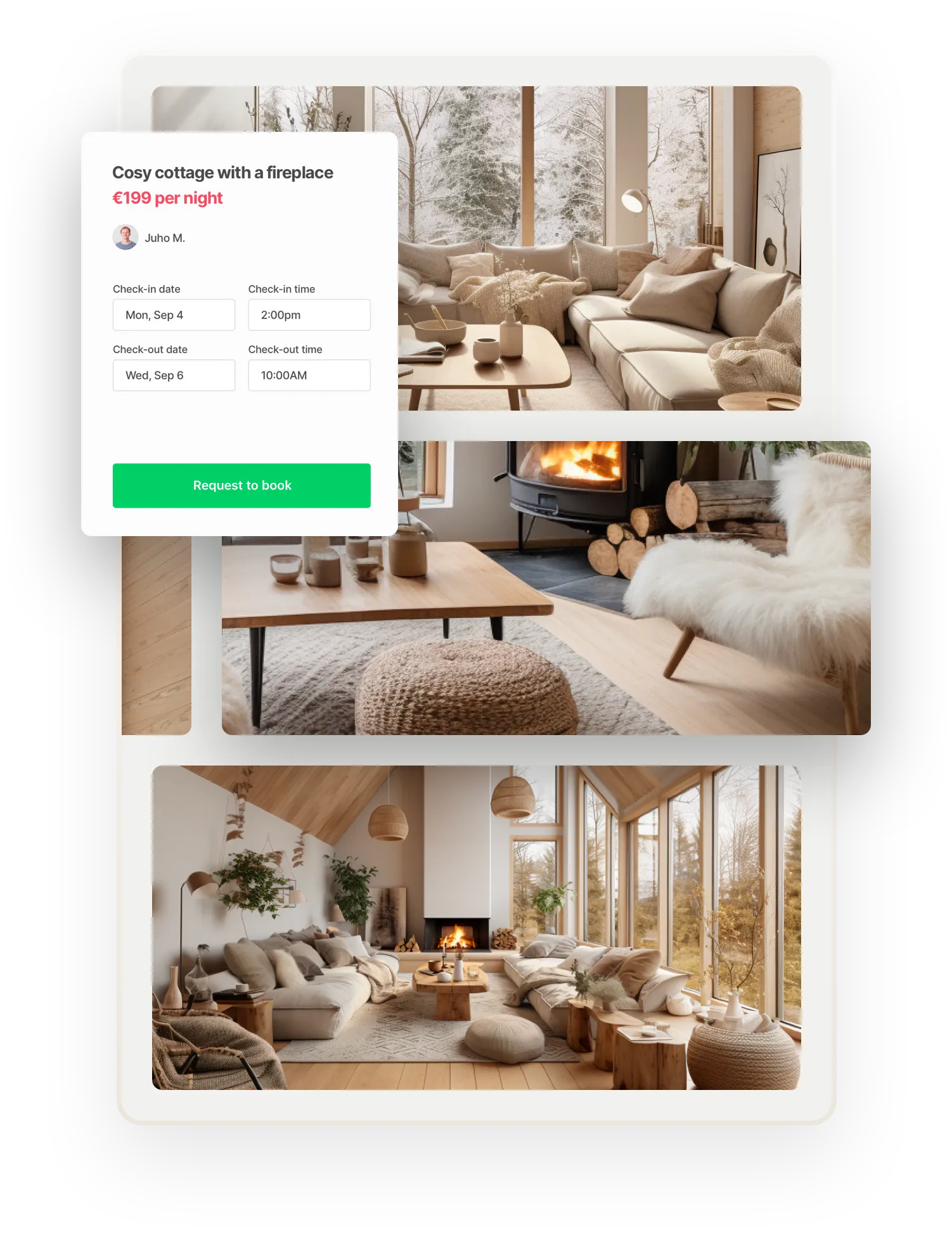 Three images of a cozy cottage with a fireplace. The interior is modern and big windows open to beautiful snowy and autumn days. Overlaid with a booking element.