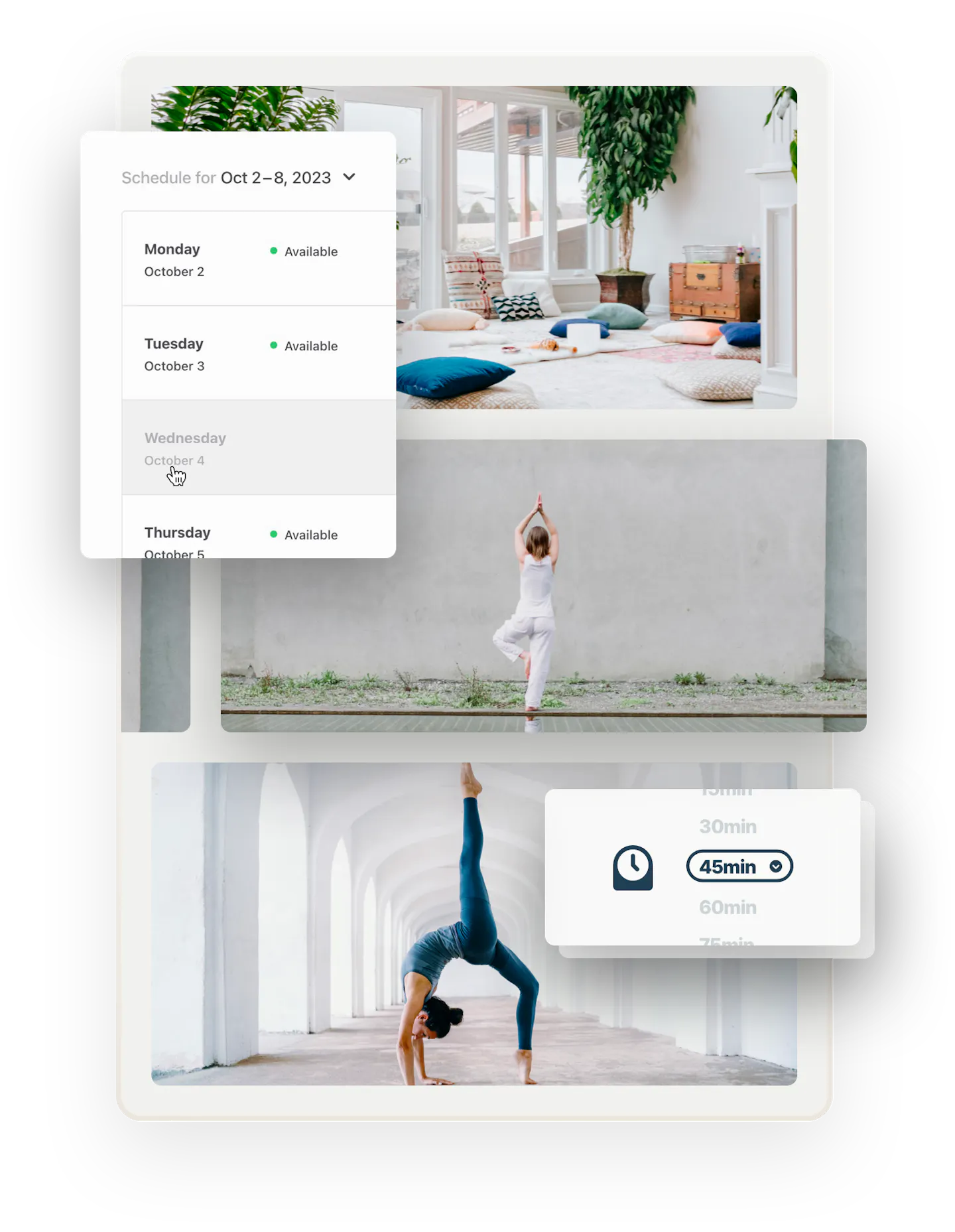 Three images of yoga-related things. First, a comfortable yoga studio with plants and pillows. Below, two people doing yoga. Overlaid on top of the images is a box featuring the availability management tool and a box with different-length time slots from 30 minutes to 75 minutes.