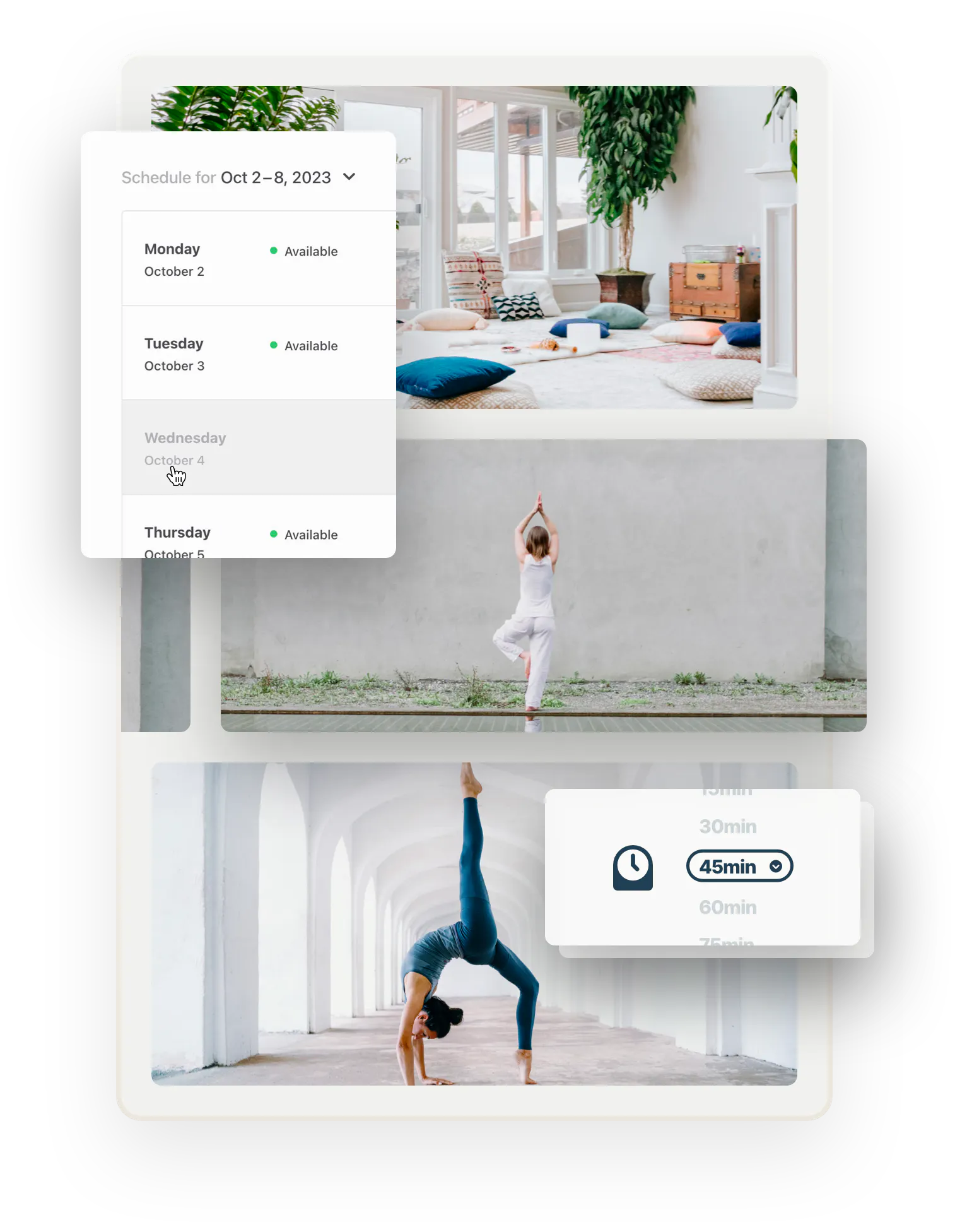 Three images of yoga-related things. First, a comfortable yoga studio with plants and pillows. Below, two people doing yoga. Overlaid on top of the images is a box featuring the availability management tool and a box with different-length time slots from 30 minutes to 75 minutes.