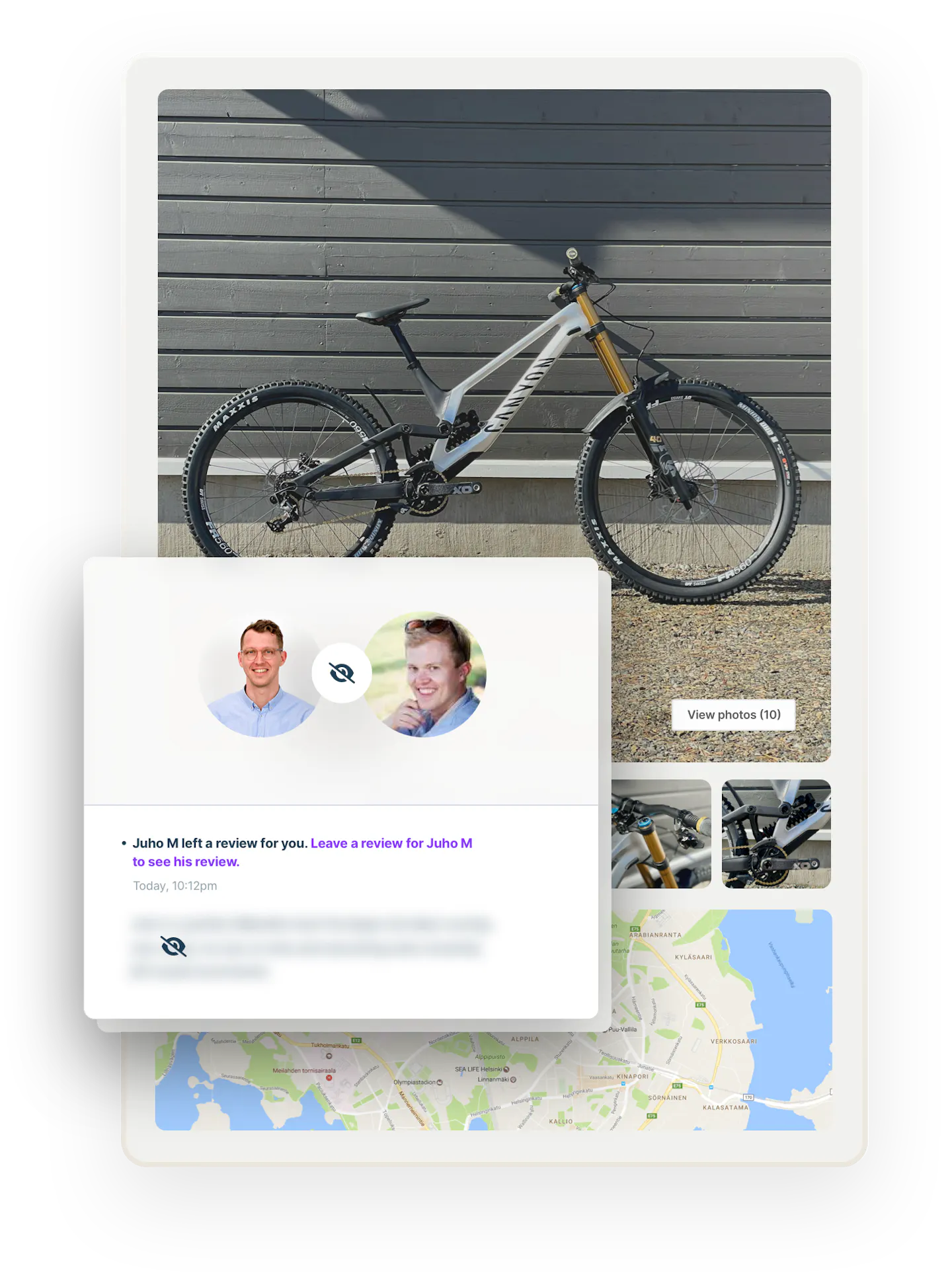 A bike marketplace listing with images and a map. Overlaid on top is a bix with the review flow. Sjoerd, the customer, is prompted to leave Juho, the bike owner, a review so that they can see the review they received in return.