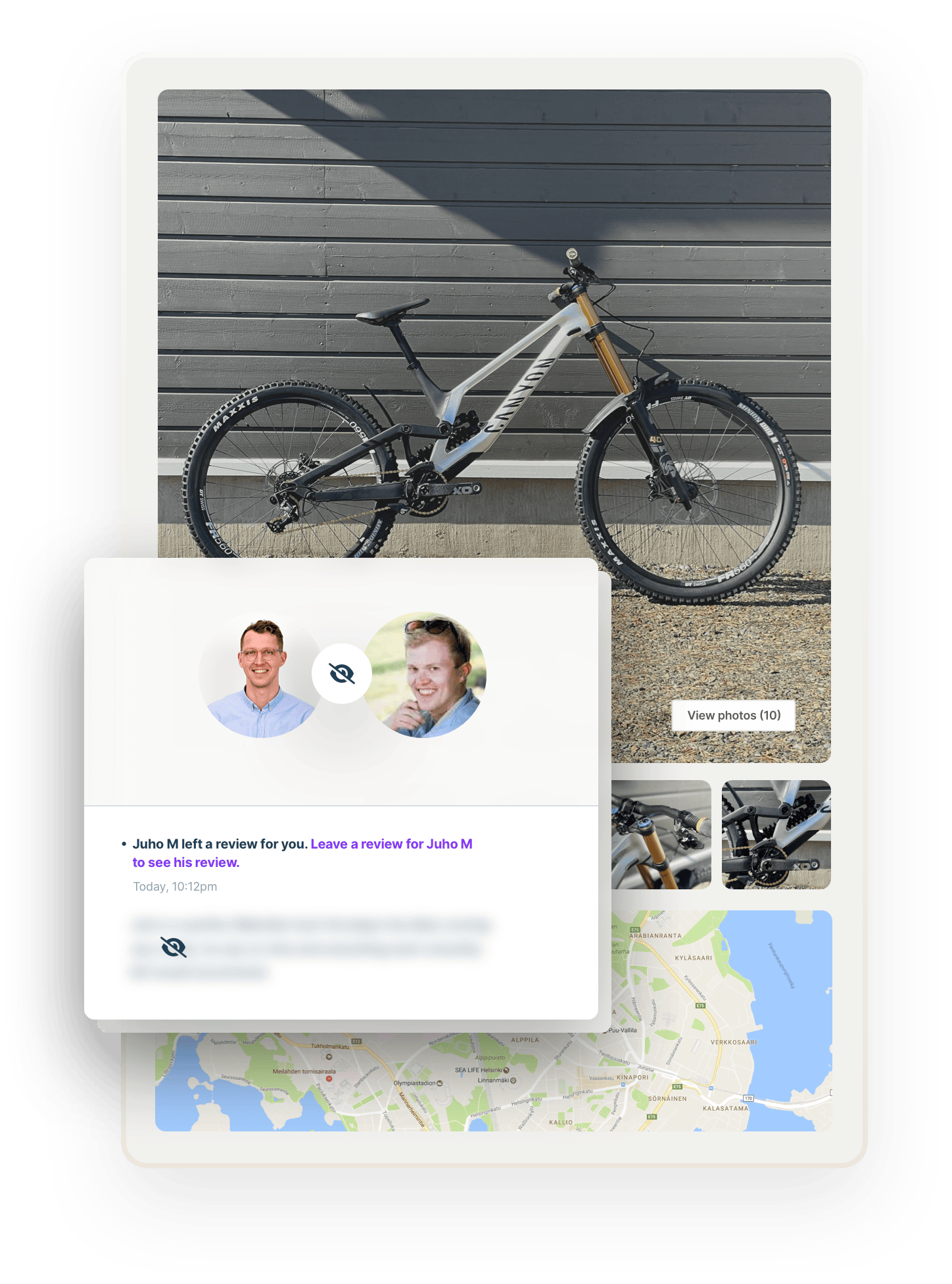 A bike marketplace listing with images and a map. Overlaid on top is a bix with the review flow. Sjoerd, the customer, is prompted to leave Juho, the bike owner, a review so that they can see the review they received in return.