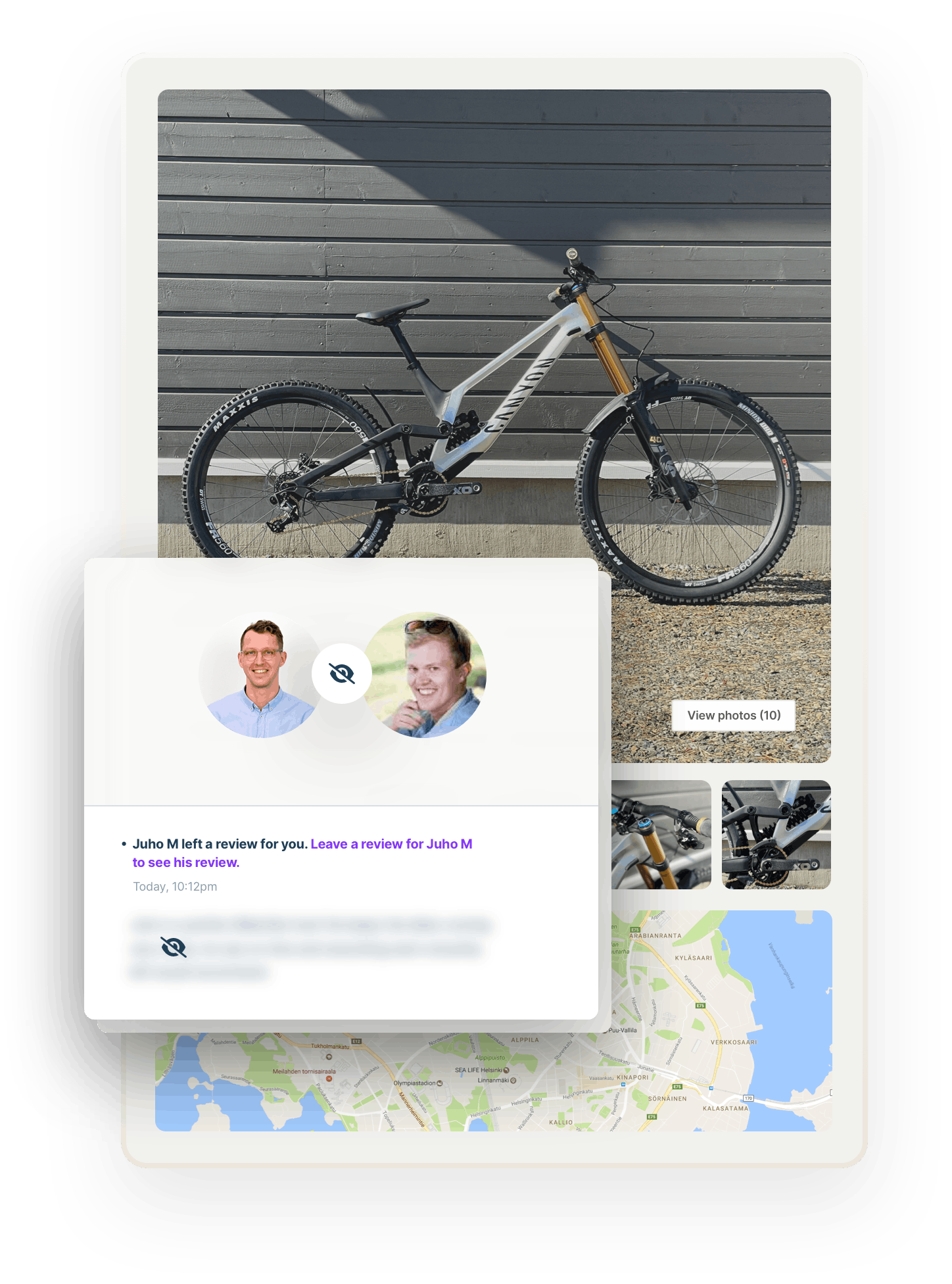 A listing on a rental marketplace with images and a map. Overlaid on top is a bix with the review flow. Sjoerd, the customer, is prompted to leave Juho, the bike owner, a review so that they can see the review they received in return.
