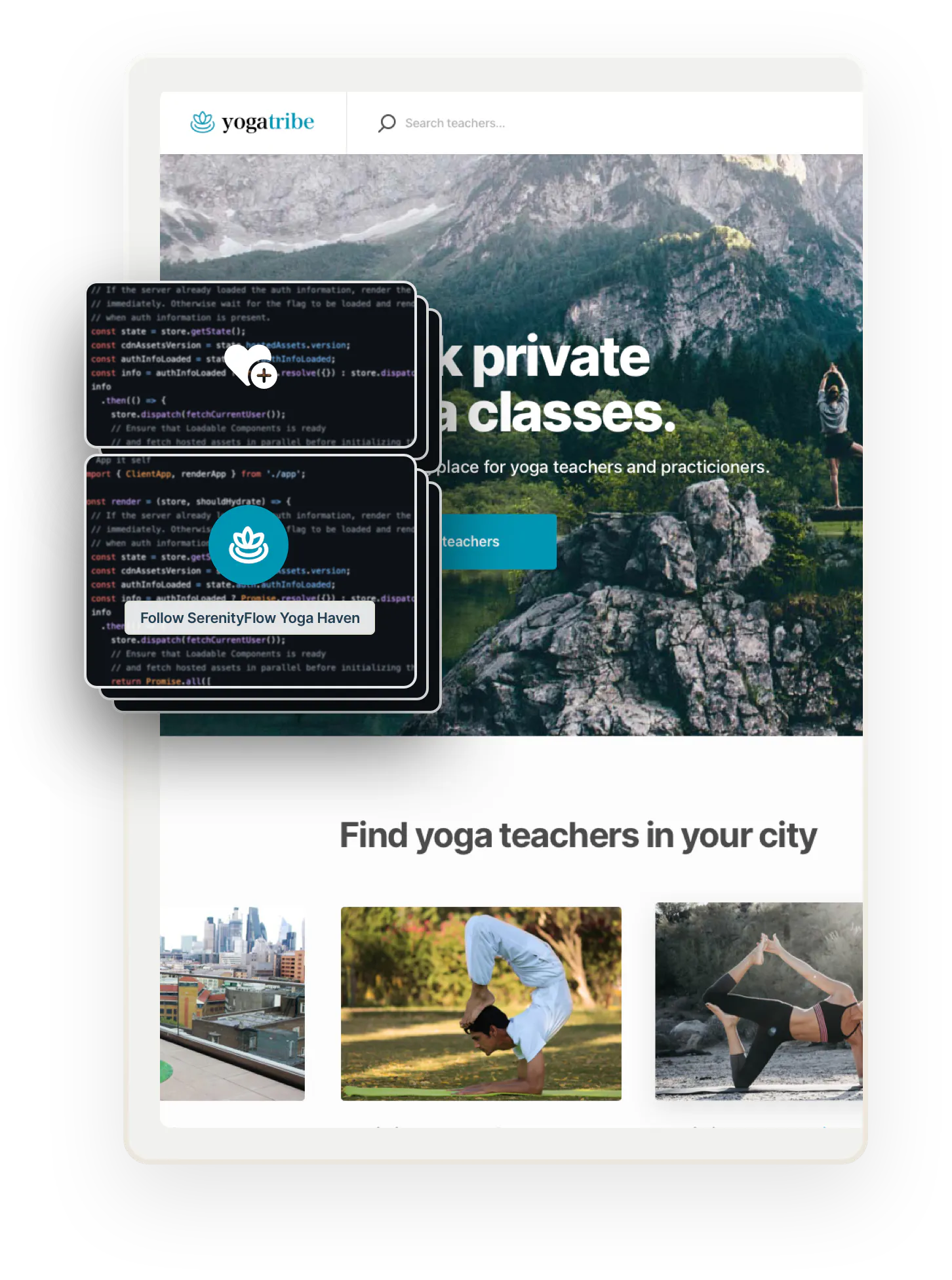 A snapshot of the Yogatribe service marketplace home page. Overlaid on top are several boxes showing code. The two on top show a like symbol and a follow button, showing that these features can be added with coding.