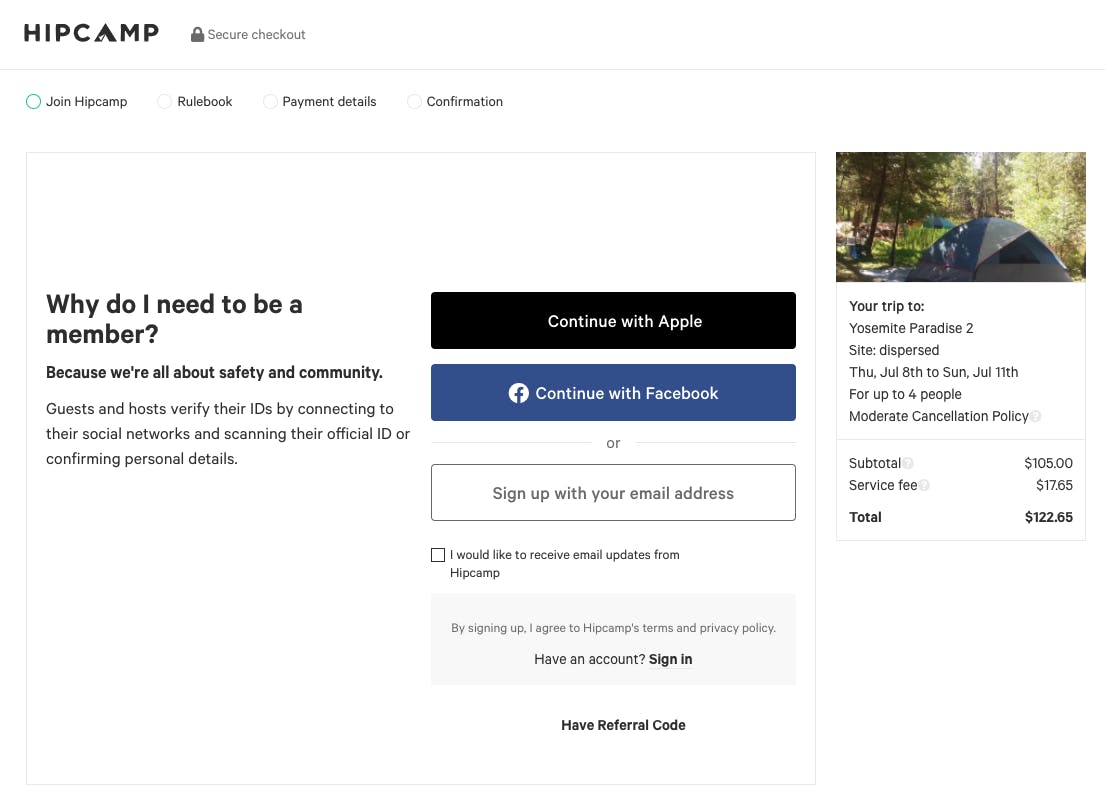 Screenshot of Hipcamp marketplace signup design, with text "Why do I need to be a member?"