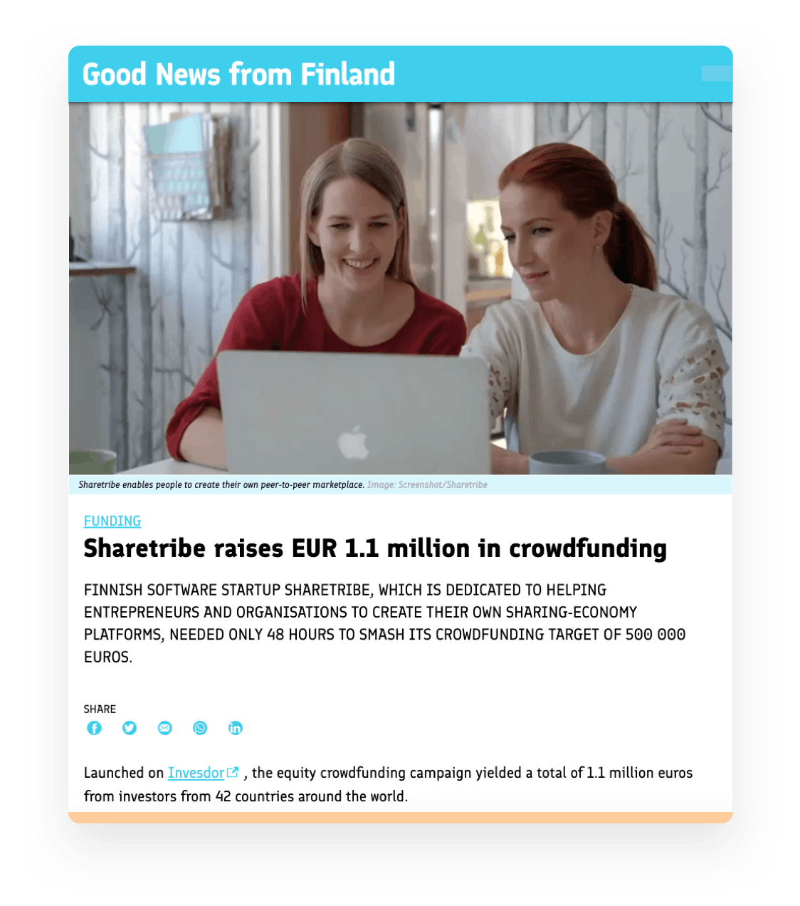 Screenshot of an article titled "Sharetribe raises EUR 1.1 million in crowdfunding"