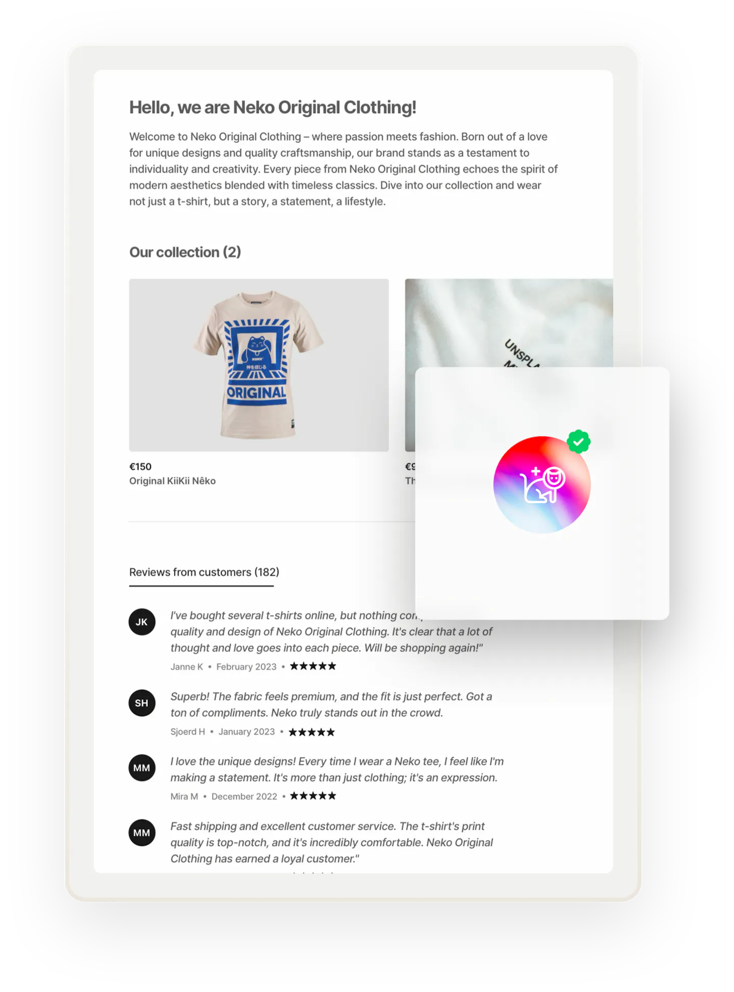 A sample profile page for a t-shirt seller called Neko Original Clothing. The page includes t-shirt listings as well as glowing reviews from customers. The logo of the seller is overlaid with a badge that denotes verification. The page also includes glowing reviews from customers.