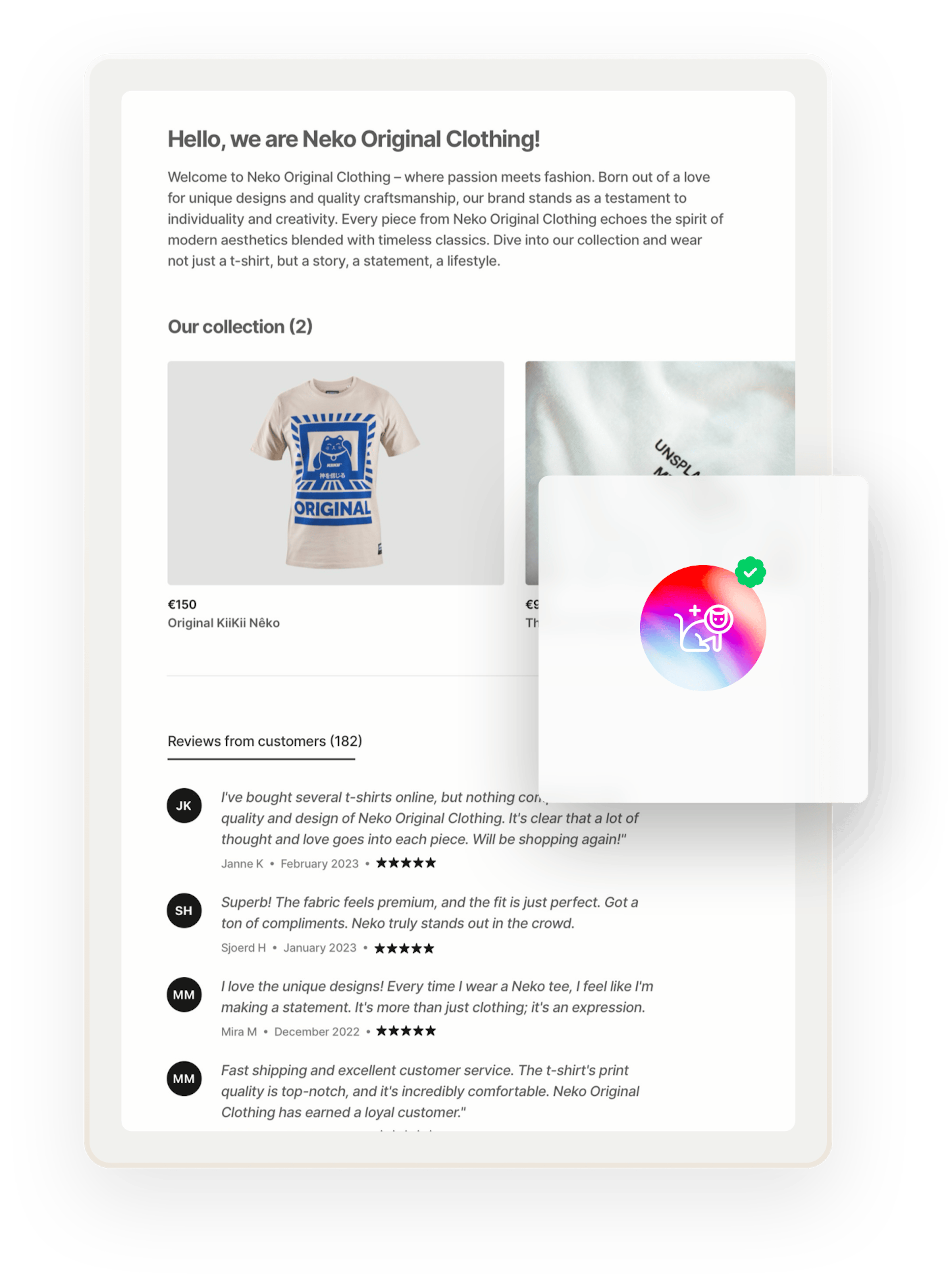 A sample profile page for a t-shirt seller called Neko Original Clothing. The page includes t-shirt listings as well as glowing reviews from customers. The logo of the seller is overlaid with a badge that denotes verification. The page also includes glowing reviews from customers.