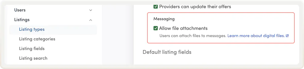 Allow file attachment setting enabled in Console listing type settings.