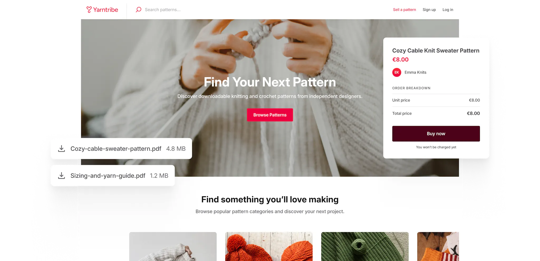 Example digital product marketplace for knitting patterns called Yarntribe. The hero section of the marketplace says "Find your next pattern" with an image of a woman knitting in the background.