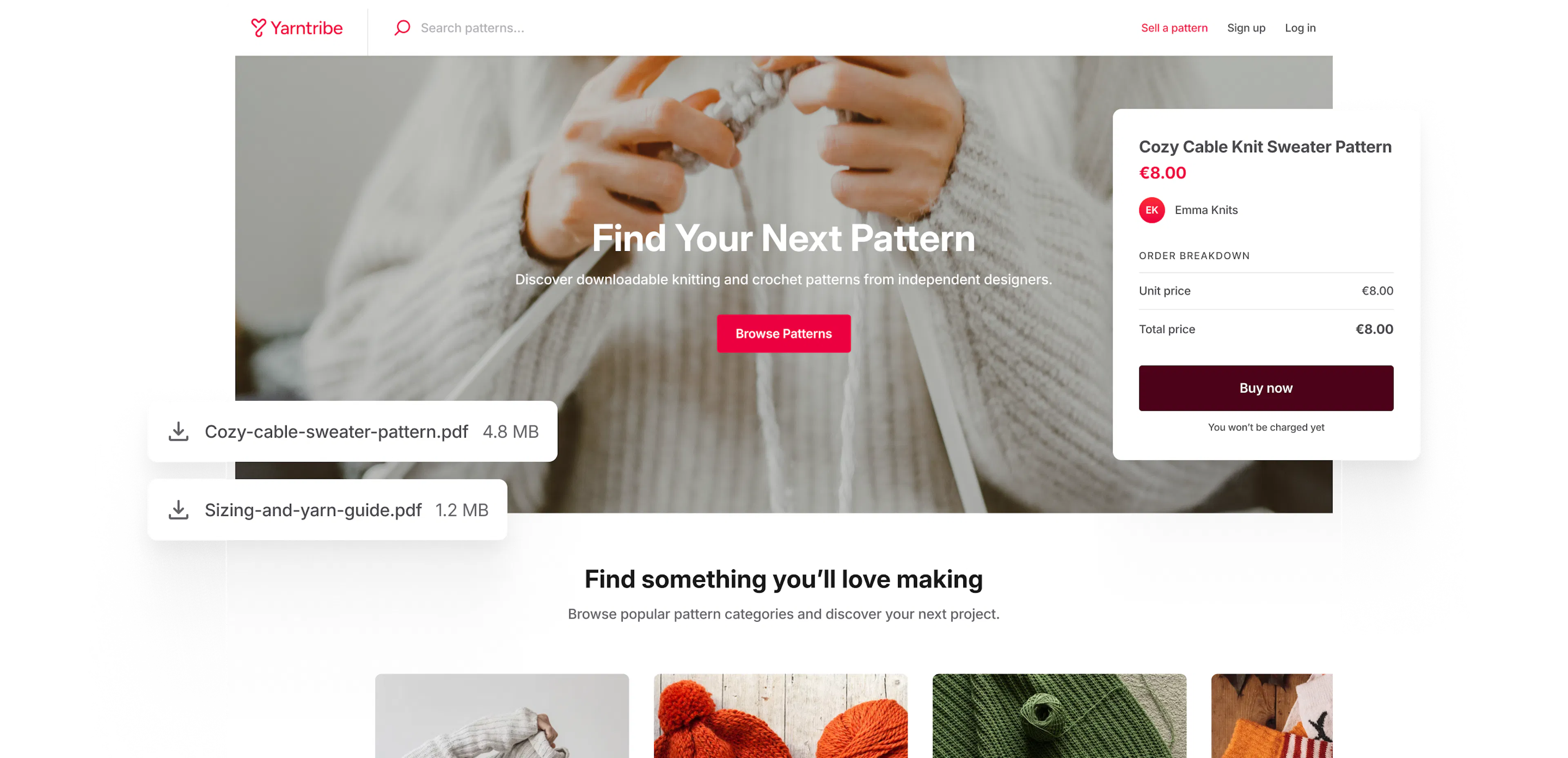 Example digital product marketplace for knitting patterns called Yarntribe. The hero section of the marketplace says "Find your next pattern" with an image of a woman knitting in the background.